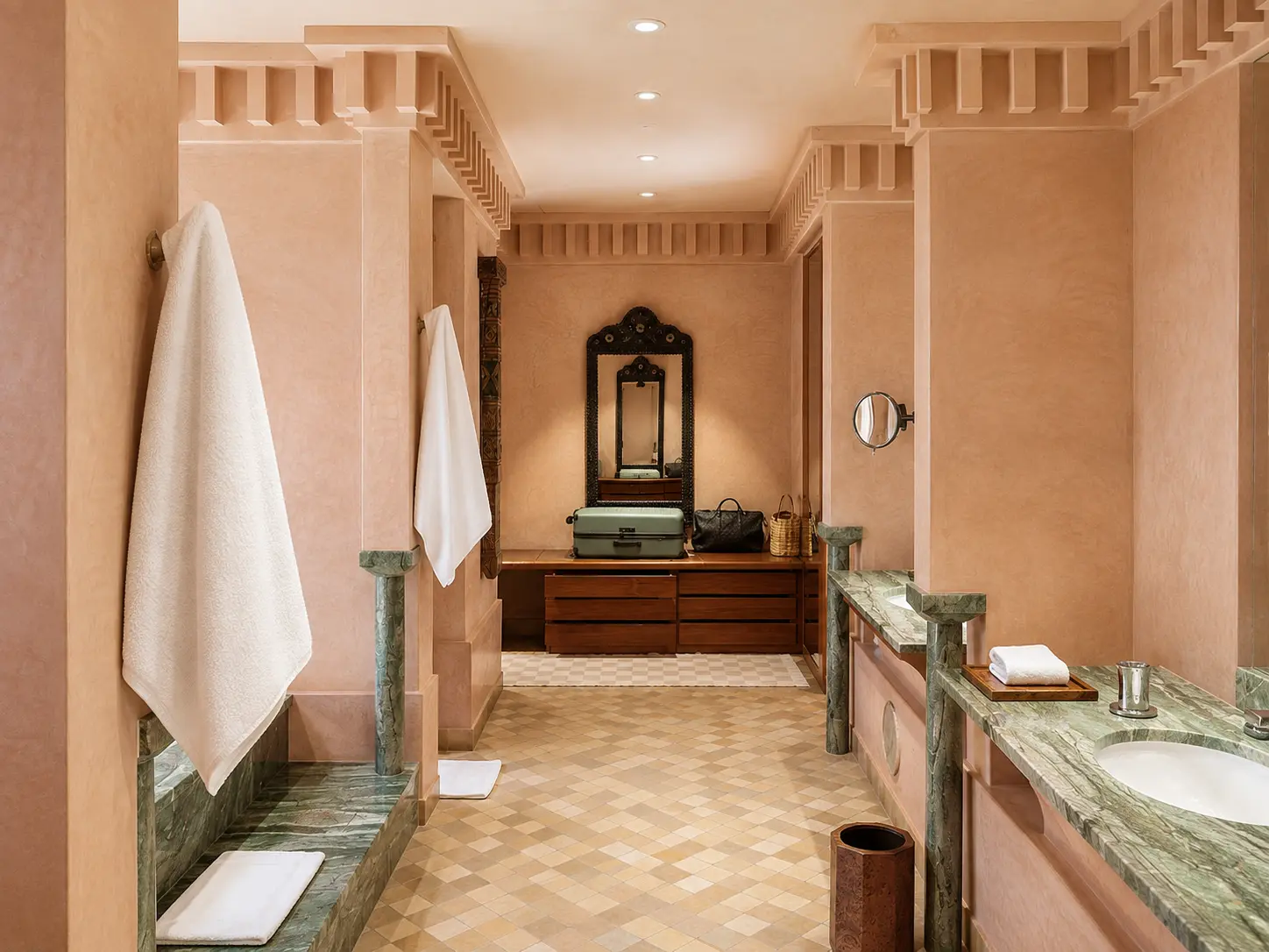 Spacious marble bathroom inside a Deluxe Pavilion at Amanjena Marrakech with twin vanities, dressing area, and Moroccan design.
