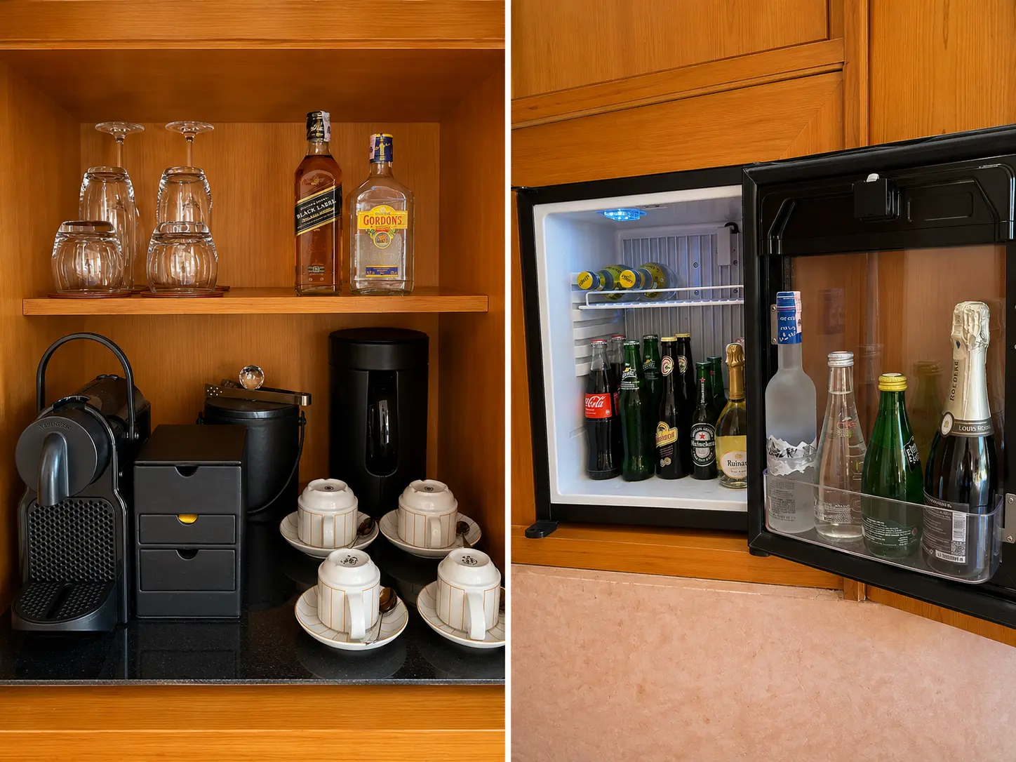 Coffee station and stocked minibar inside a Deluxe Pavilion at Amanjena Marrakech with Nespresso machine, premium spirits, Champagne, and soft drinks.