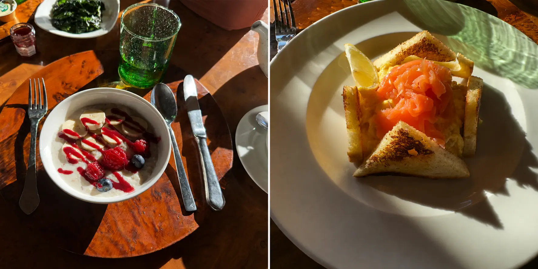 Breakfast at Arva restaurant at Amanjena in Marrakech featuring Moroccan breakfast dishes, smoked salmon, fresh fruit porridge, and poolside dining.