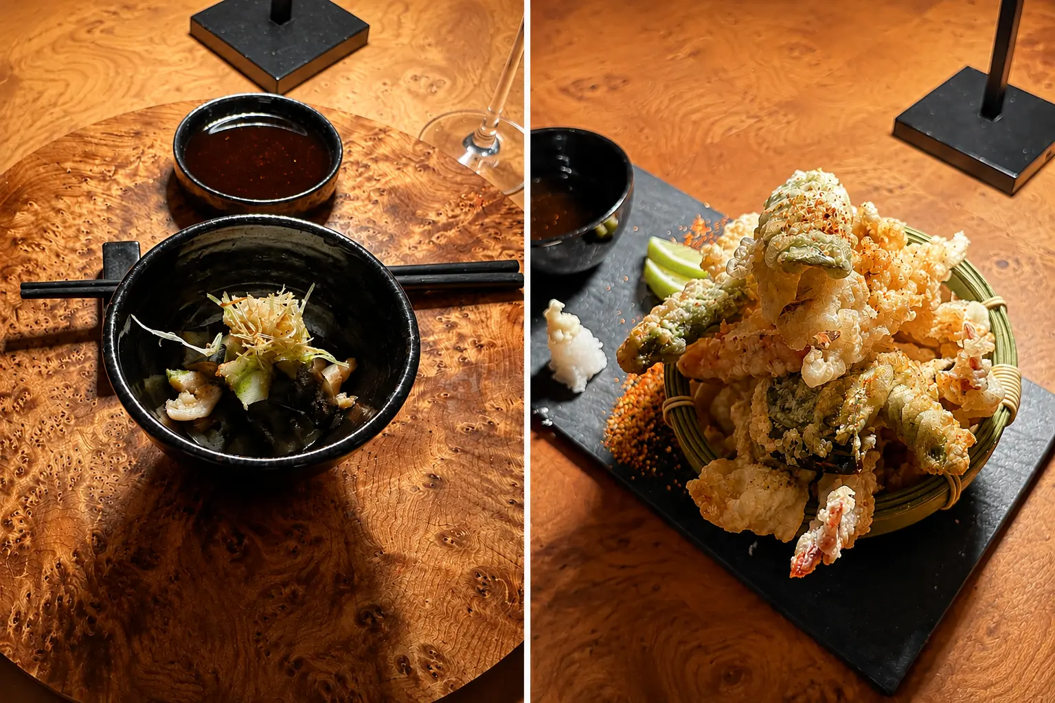Japanese dishes at Nama restaurant at Amanjena in Marrakech, featuring tempura, seasonal appetizers, and elegant fine dining presentation.