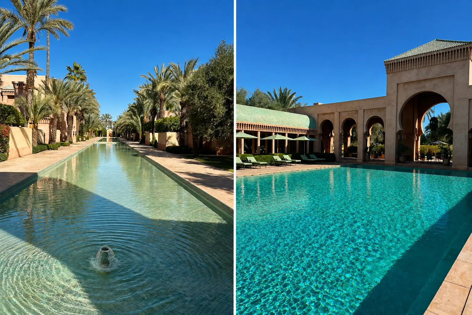Side-by-side views of Amanjena’s palm-lined reflecting pool and main swimming pool in Marrakech, framed by rose-colored Moroccan architecture and green-tiled roofs.