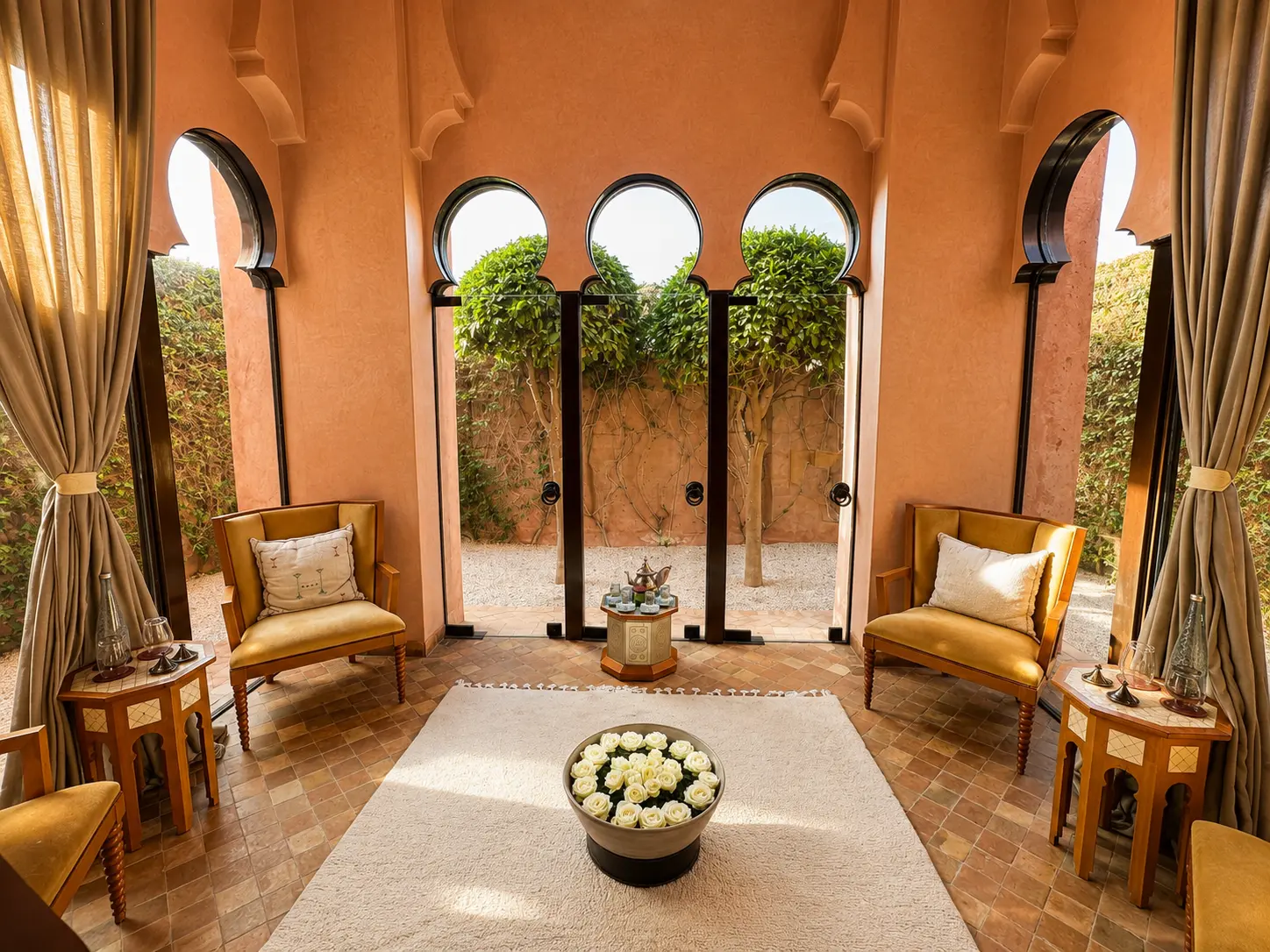 The spa relaxation lounge at Amanjena in Marrakech, with Moorish arches, rose-colored walls, garden views, upholstered chairs, and a central bowl of white roses.