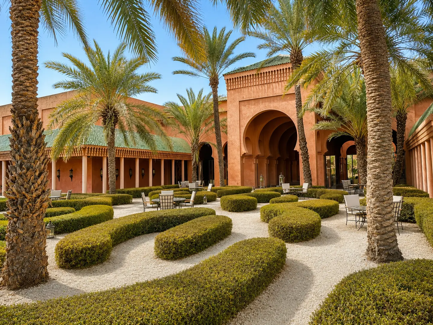 Palm-filled courtyard at Amanjena in Marrakech with sculpted hedges, Moorish arches, rose-colored walls, and outdoor seating.
