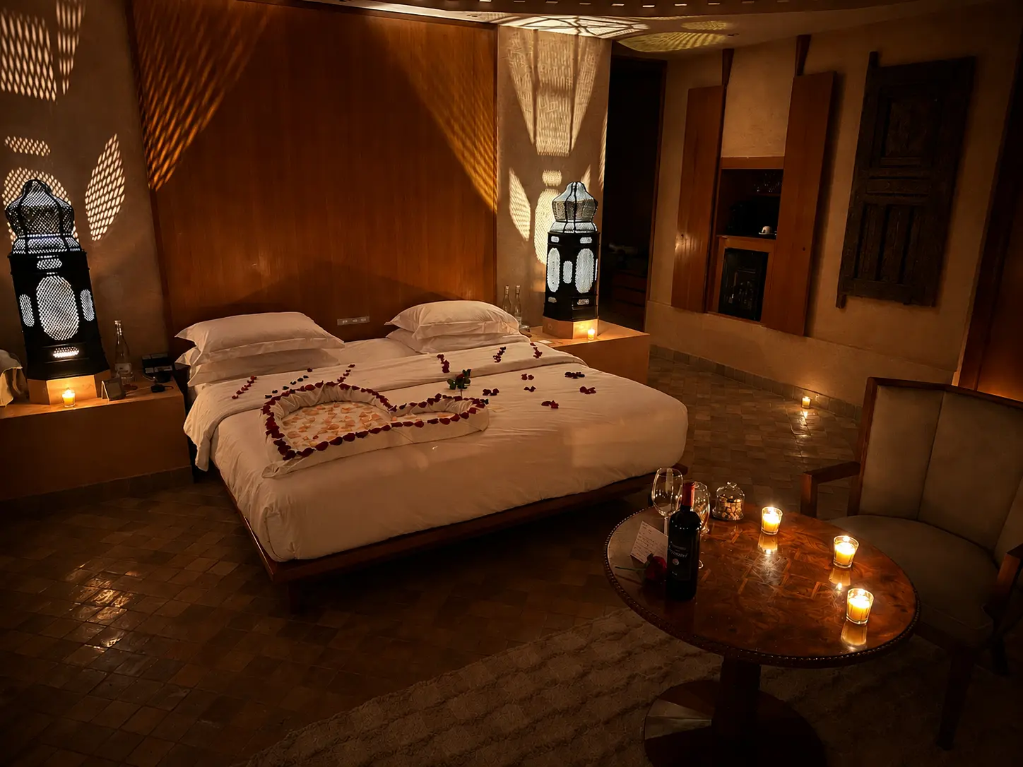 Romantic evening turn-down service in an Amanjena Pavilion bedroom with candlelight, rose petals, Moroccan lanterns, and a king bed in Marrakech.