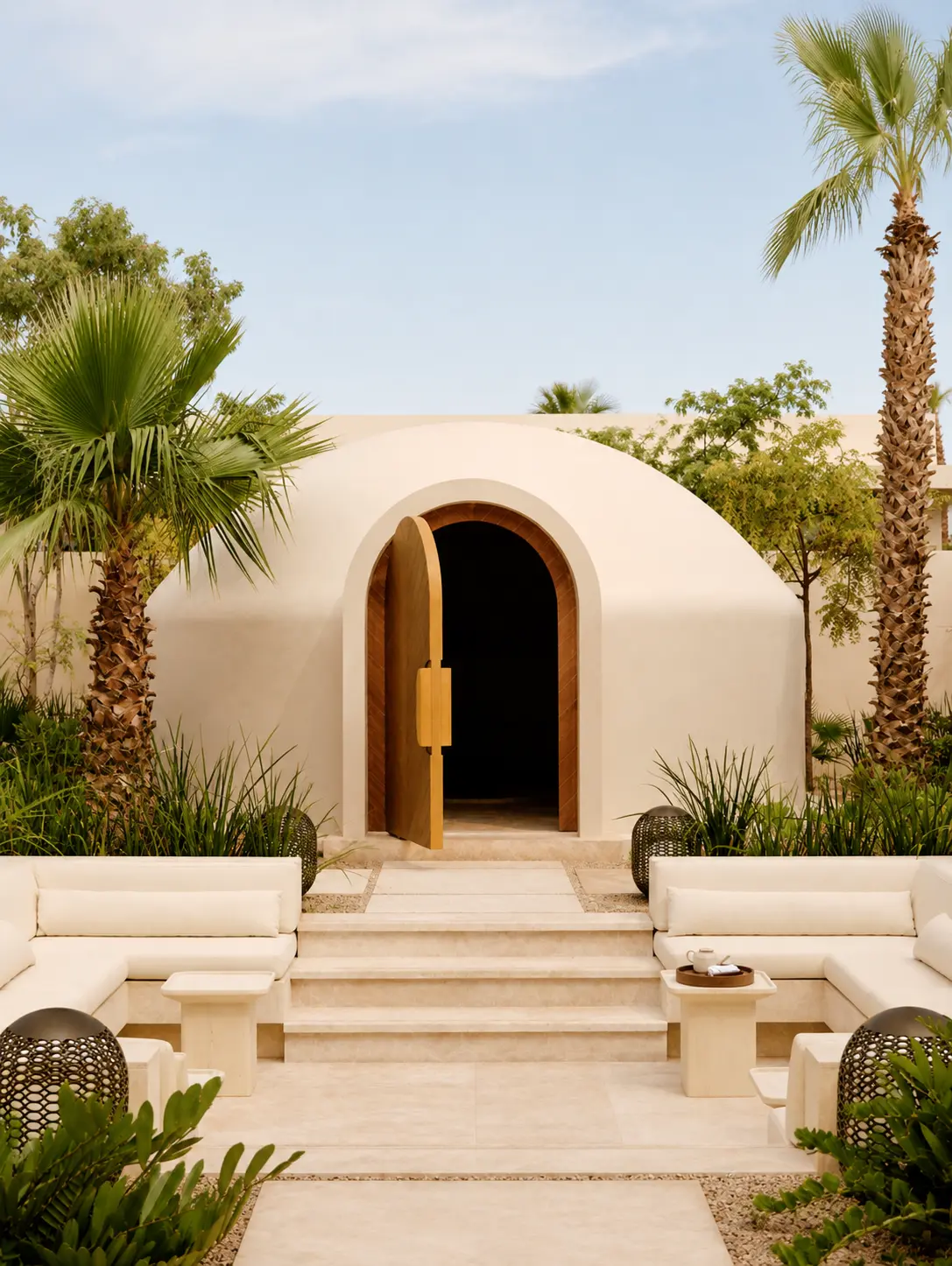 Traditional Mexican temazcal at Amanvari with a domed design, arched wooden entrance and tropical gardens