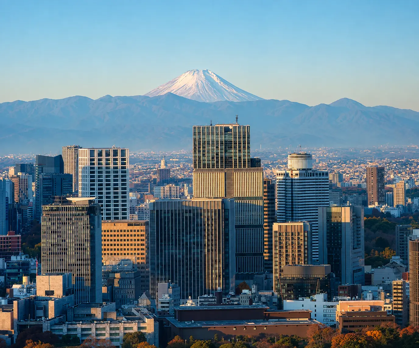 Mount Fuji rising above the Tokyo skyline, photographed from Four Seasons Hotel Tokyo at Otemachi.
