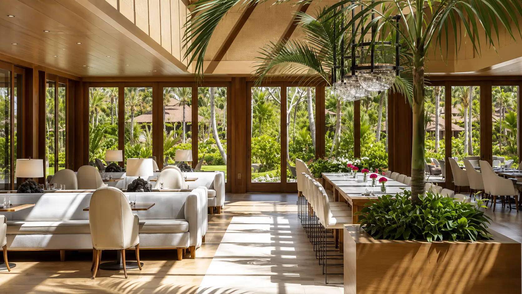 Great Room restaurant at Four Seasons Sensei Lanai with tropical garden views, floor-to-ceiling windows and contemporary Hawaiian design.