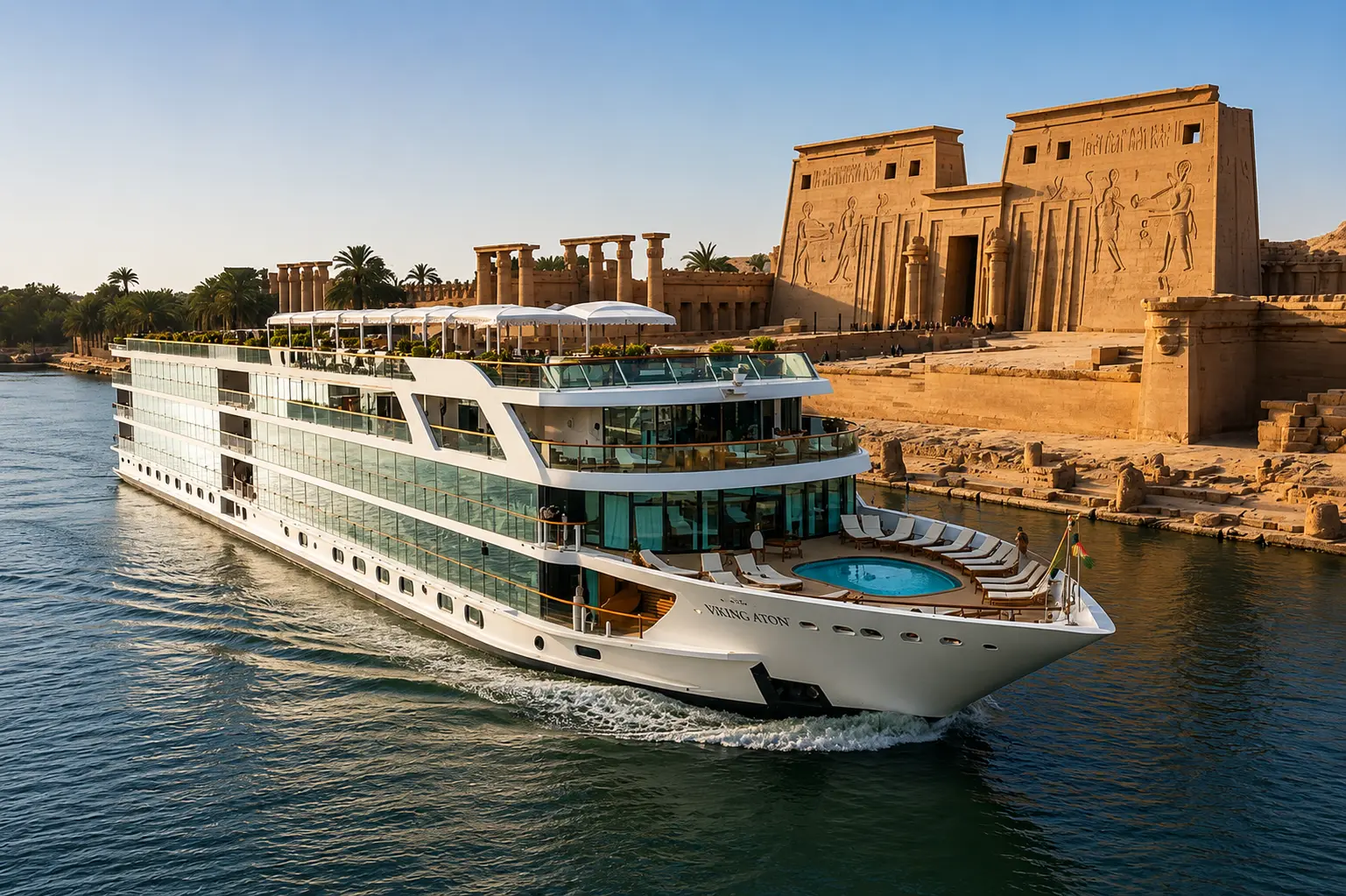 Luxury Nile cruise sailing past the Temple of Philae in Aswan as part of Mandarin Oriental's expansion into Egypt.