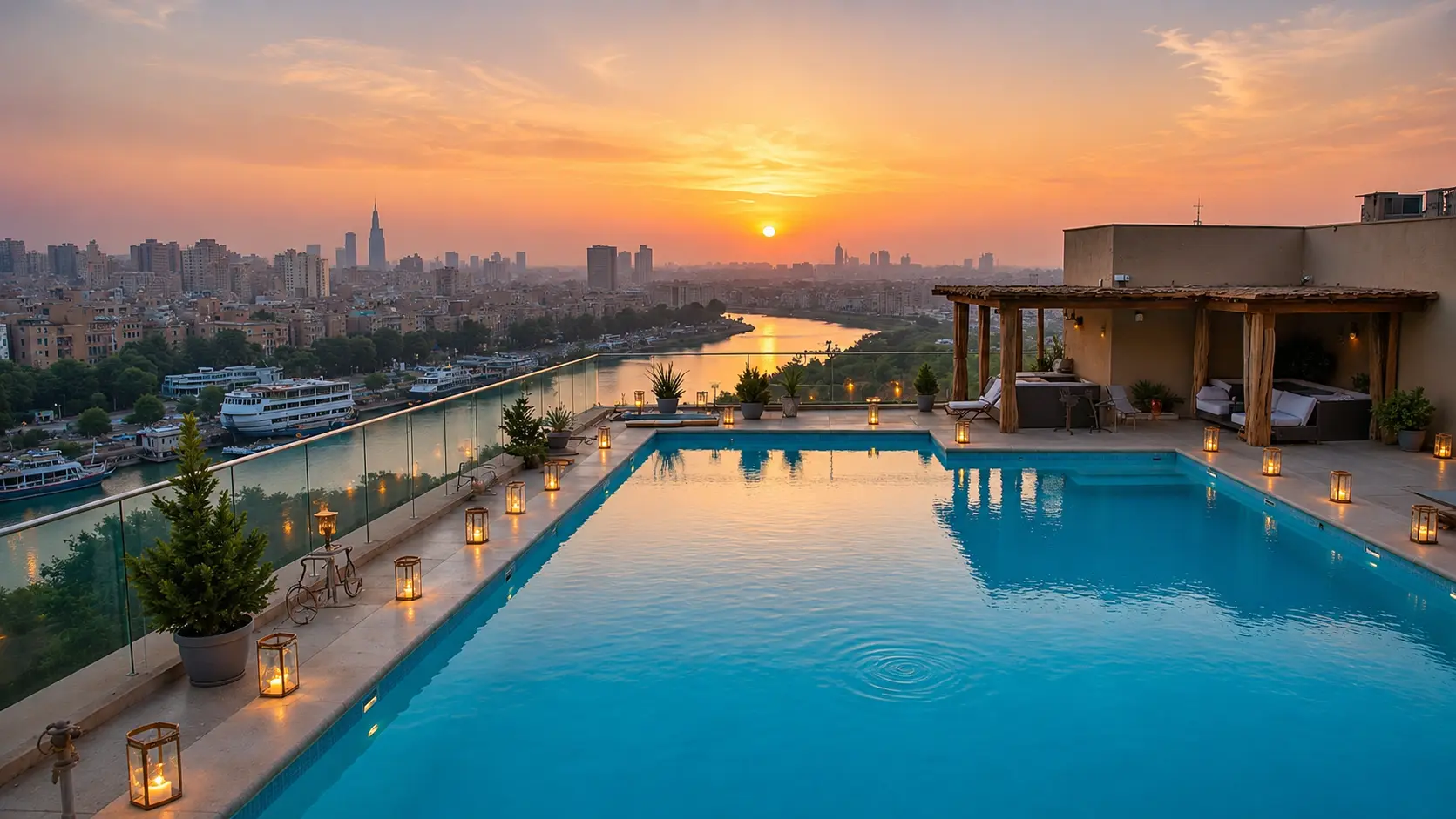 Rooftop pool at Mandarin Oriental Cairo overlooking the Nile and Cairo skyline at sunset.