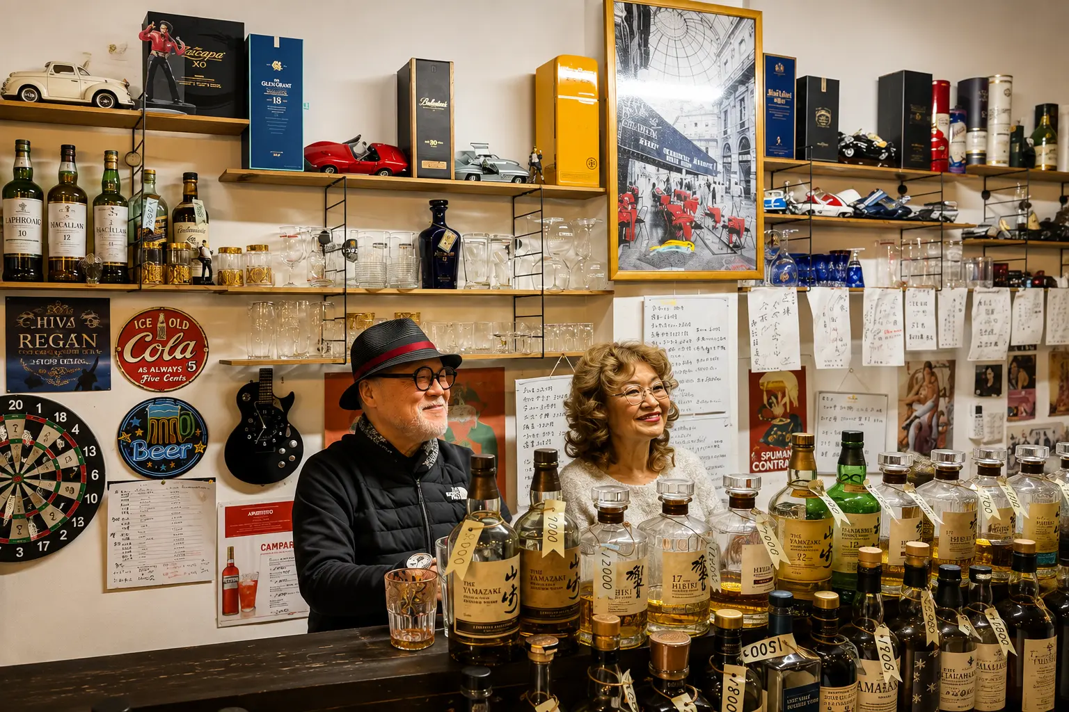 Small whisky bar in Osaka, Japan, with shelves of Japanese whisky and local owners behind the counter