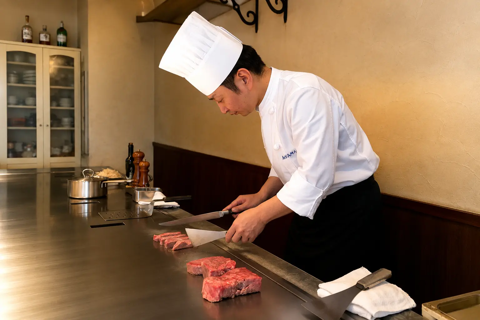 Chef preparing Kobe beef on a teppanyaki grill during a day trip from Osaka to Kobe, Japan