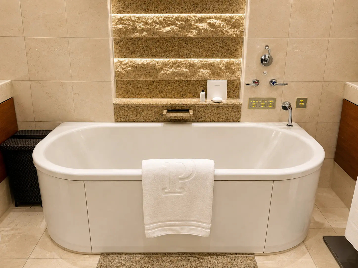 Deep soaking tub in the marble bathroom of a Premier Room at The Peninsula Tokyo