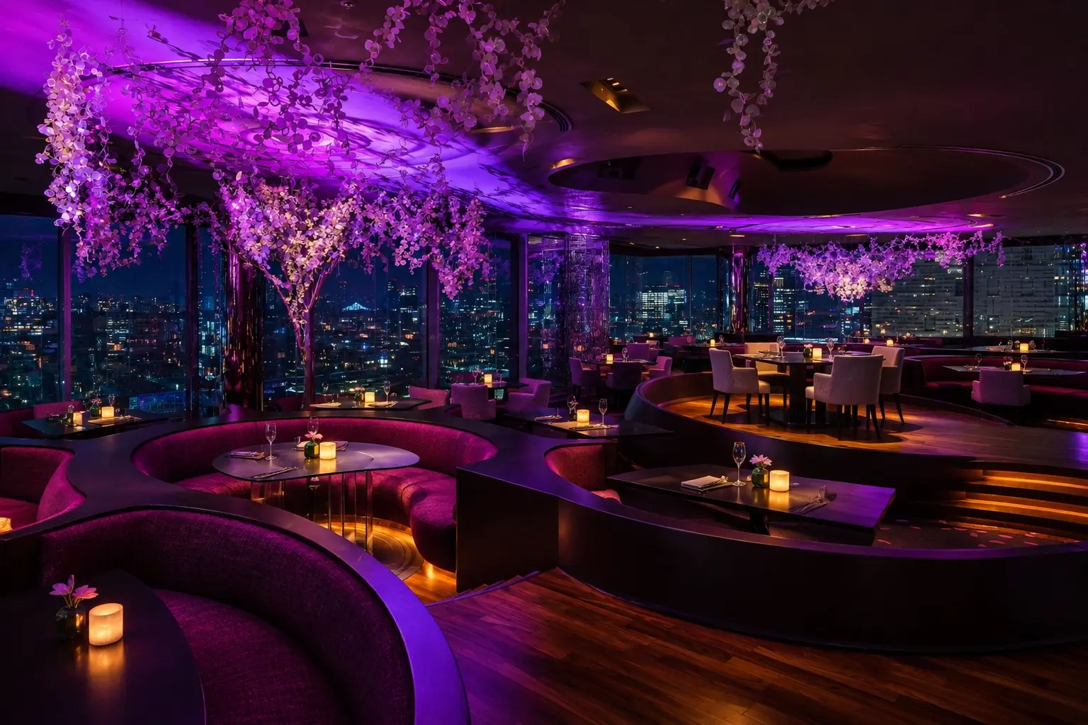 Peter: The Bar at The Peninsula Tokyo at night with purple lighting, curved seating and Tokyo city views.