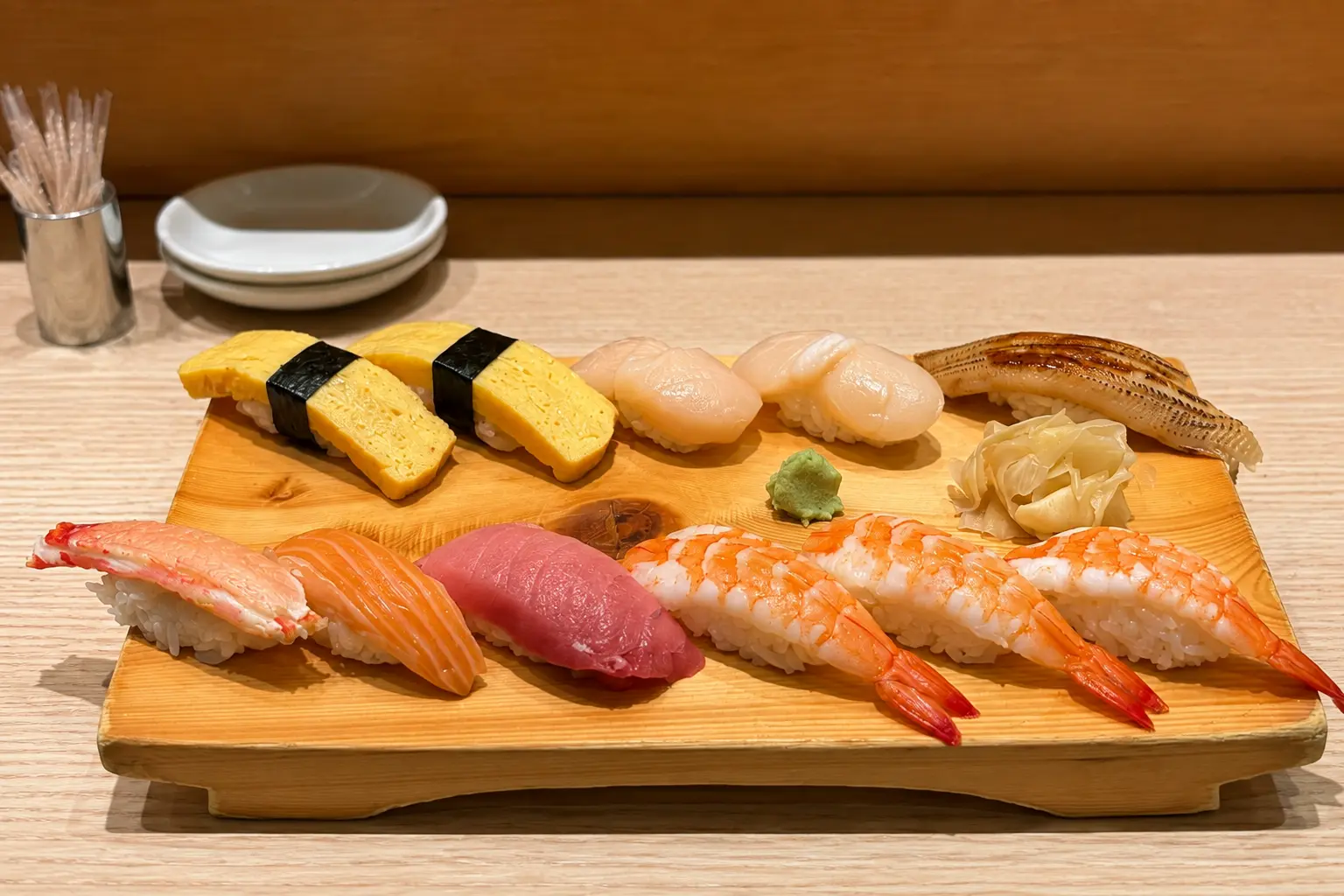 Fresh nigiri sushi at a local restaurant in Ginza near The Peninsula Tokyo.
