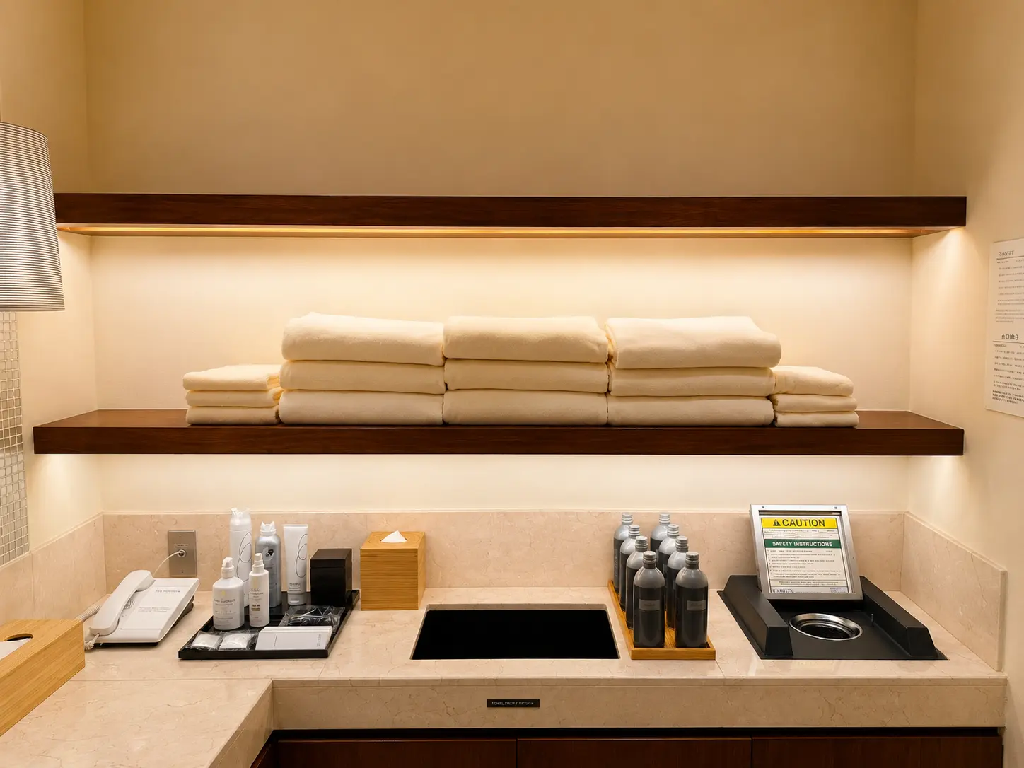 Spa changing area at The Peninsula Tokyo with folded towels, grooming amenities and marble counters.