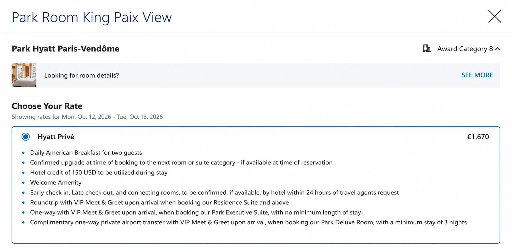 yatt Privé travel advisor portal showing confirmed room upgrade policy and hotel credits for Park Hyatt Paris-Vendome