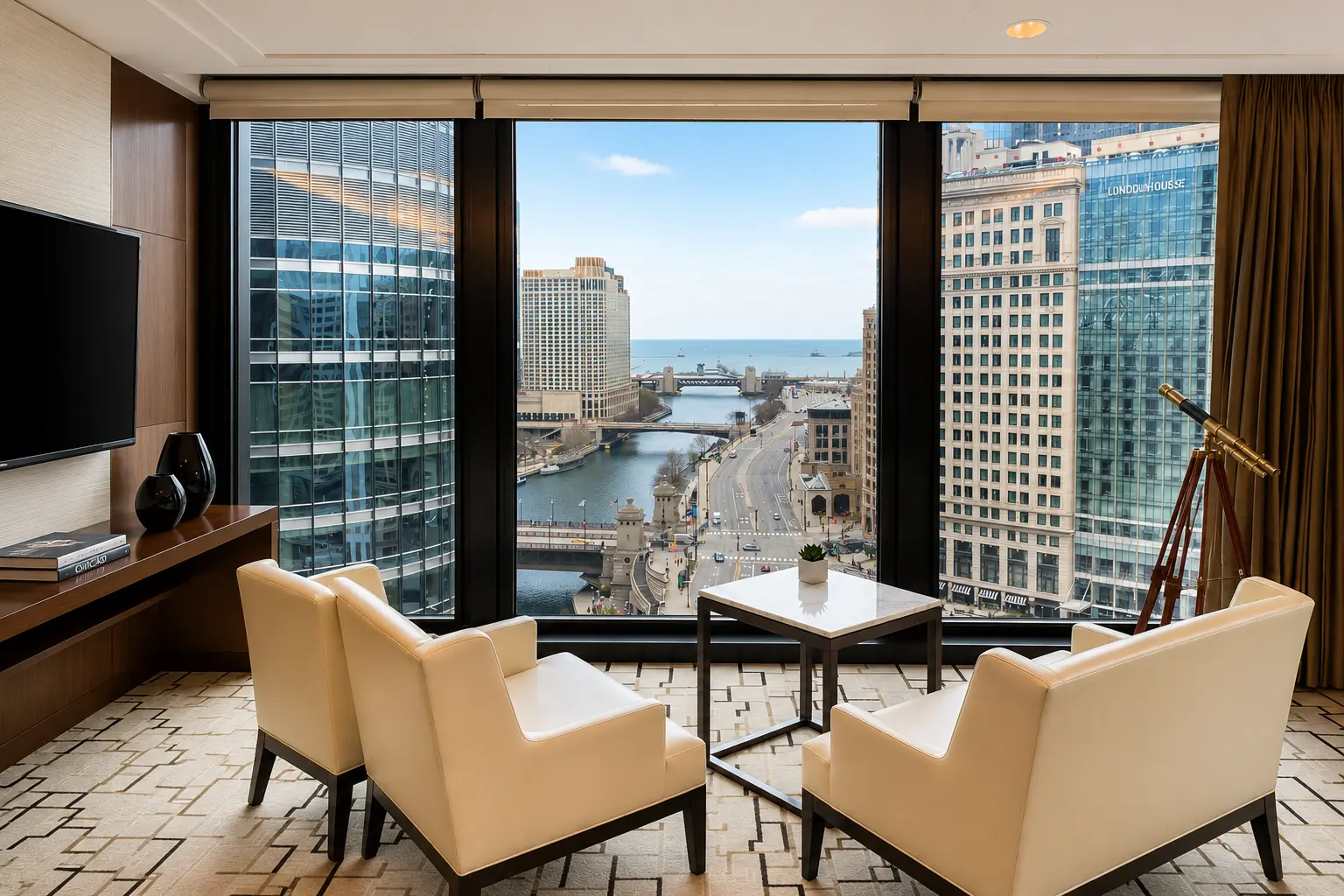 Chicago River view from The Langham Chicago, available with COUTURE by Langham hotel credits through Clements Travel