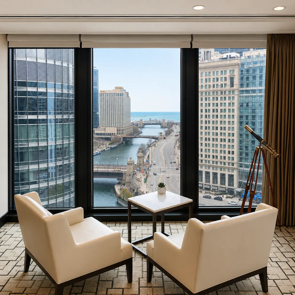 Luxury hotel lounge overlooking the Chicago River with panoramic city and Lake Michigan views.