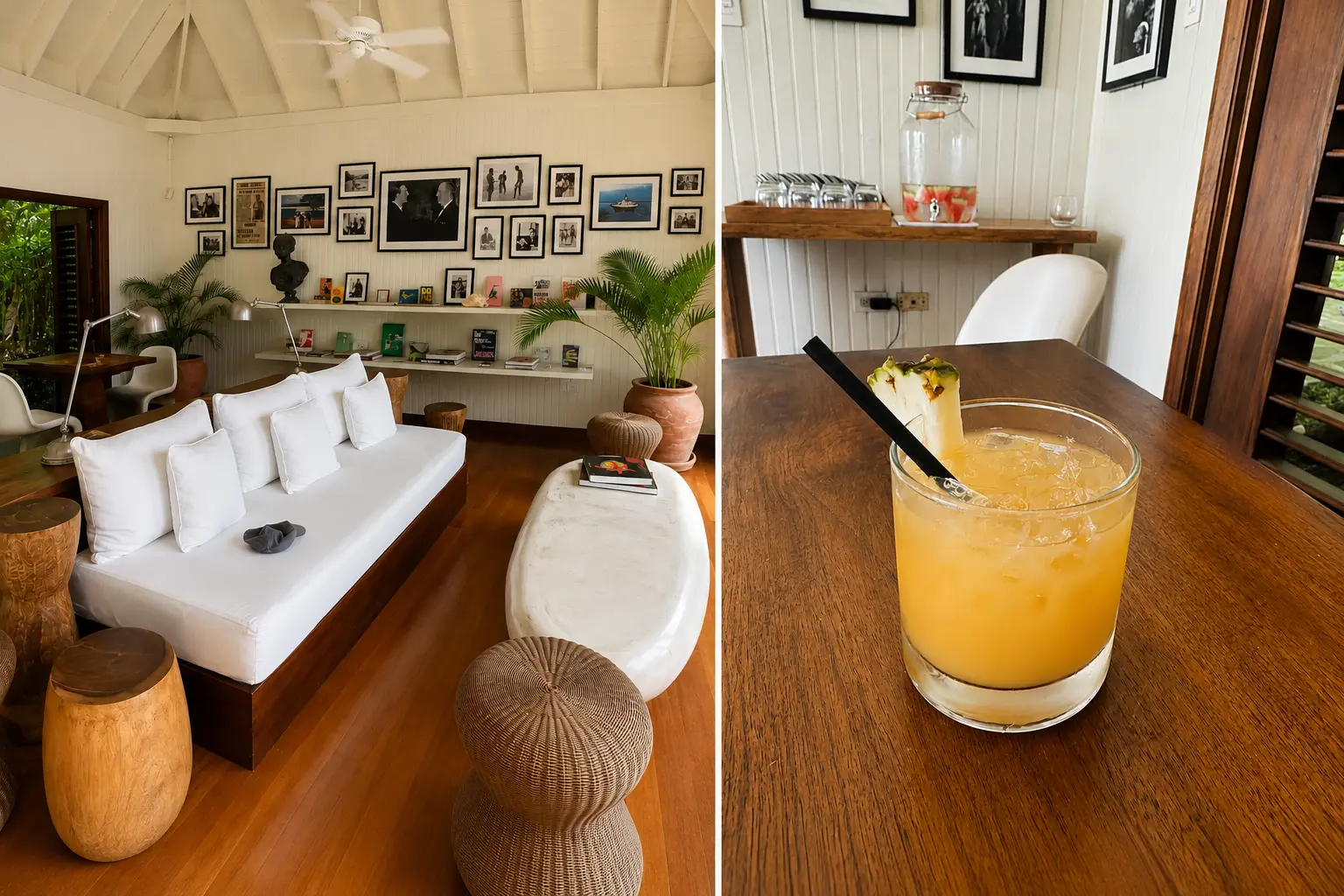 GoldenEye Jamaica lobby and welcome drink at the Oracabessa hotel, with tropical interiors and a pineapple cocktail on arrival.