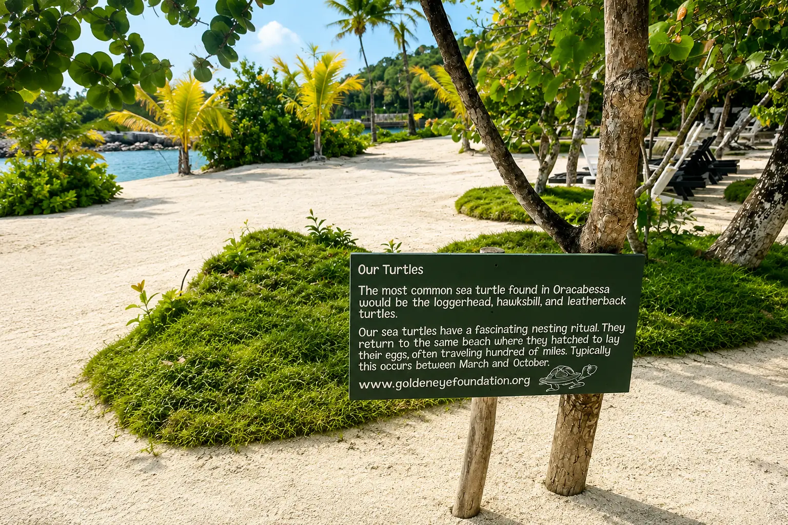 Sea turtle conservation information at GoldenEye Jamaica, where loggerhead, hawksbill and leatherback turtles nest around Oracabessa.