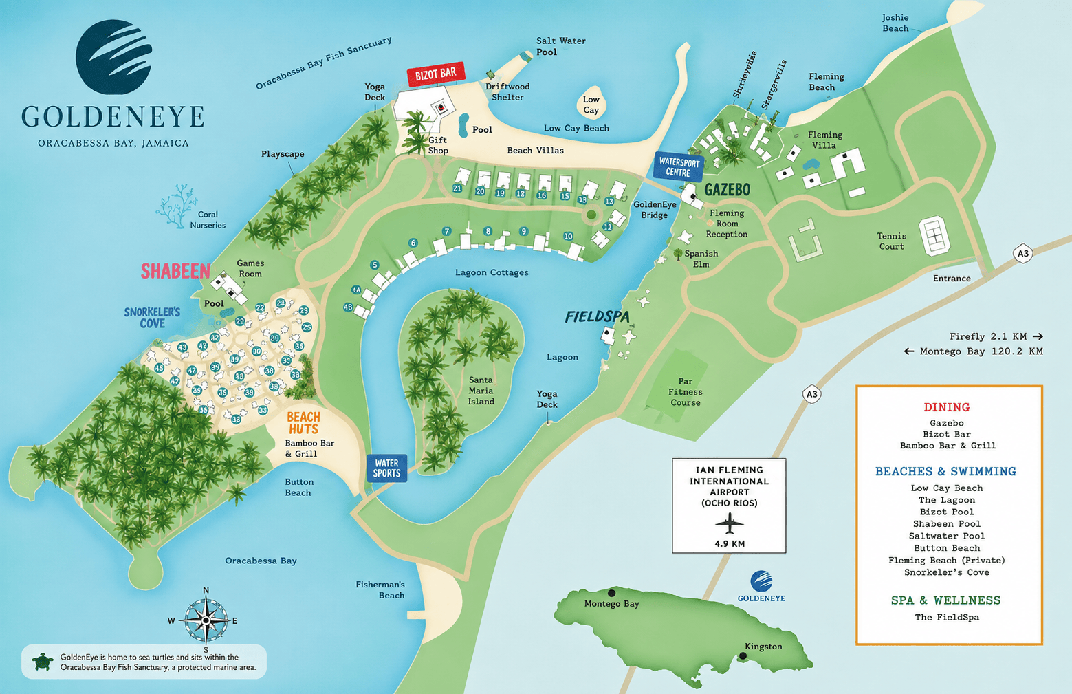 Map of GoldenEye Jamaica showing Beach Huts, Lagoon Cottages, Beach Villas, Fleming Villa, beaches, pools, restaurants and lagoon.