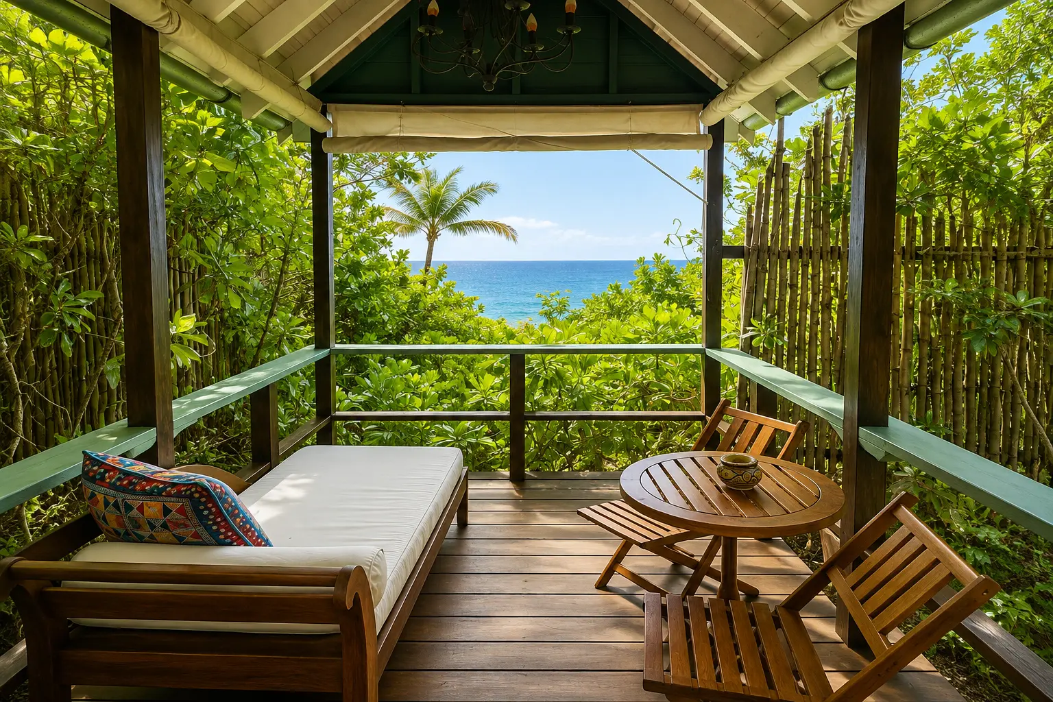 Private veranda of a One Bedroom Beach Hut at GoldenEye Jamaica with wooden seating, tropical gardens and Caribbean Sea views.