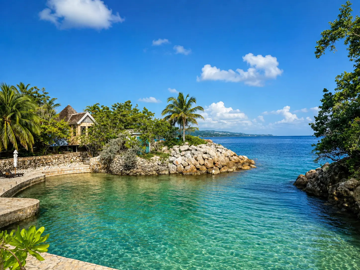 Snorkeler's Cove at GoldenEye Jamaica with clear turquoise water, rocky shoreline and tropical vegetation in Oracabessa.