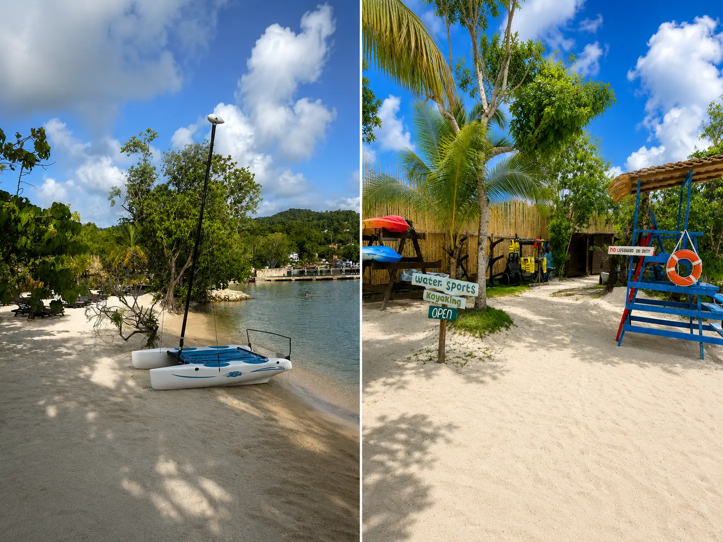 Sailing, kayaking and water sports area on the beach at GoldenEye Jamaica in Oracabessa.