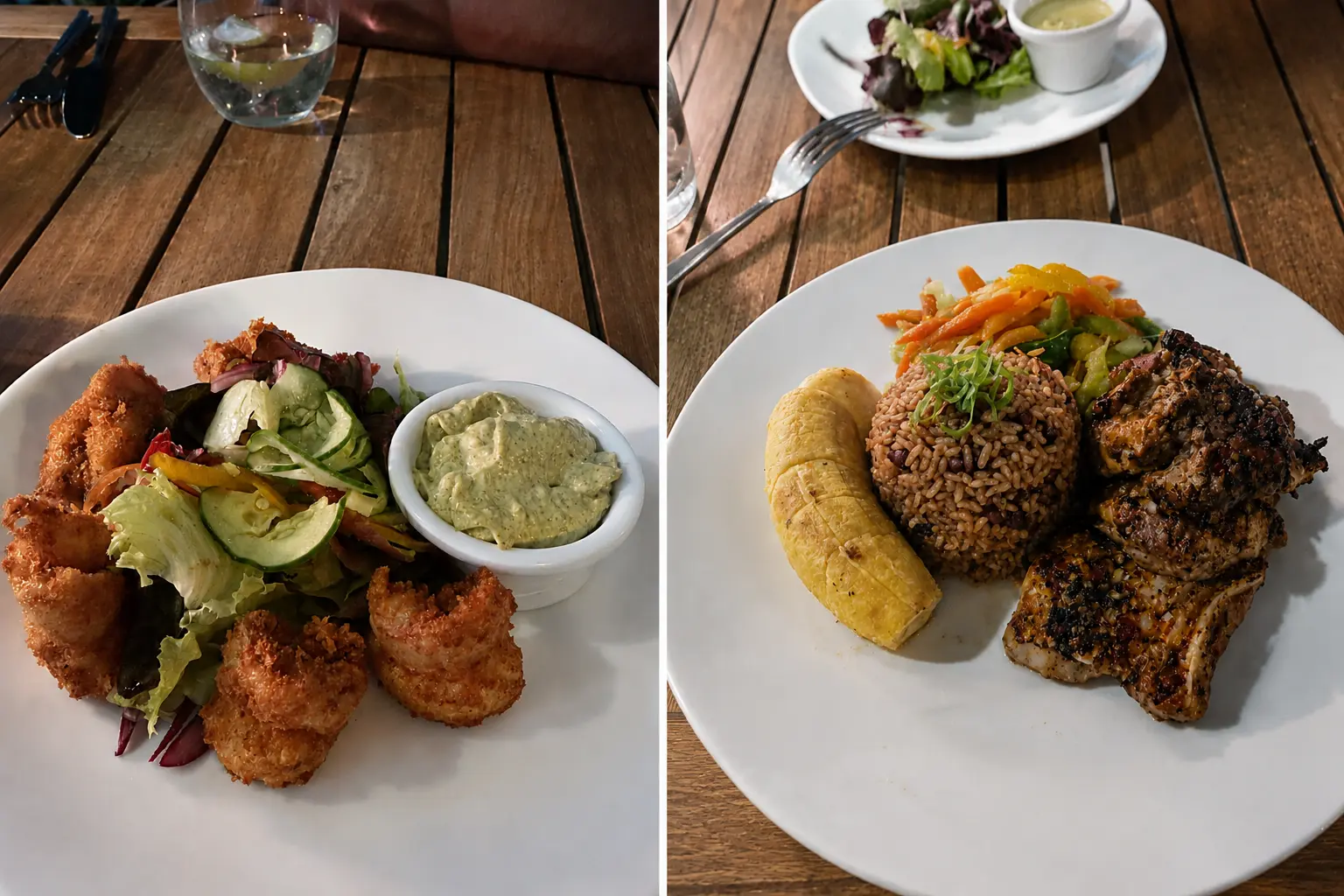 Dinner at GoldenEye Jamaica with jerk chicken, rice and peas, plantain, vegetables and coconut shrimp.