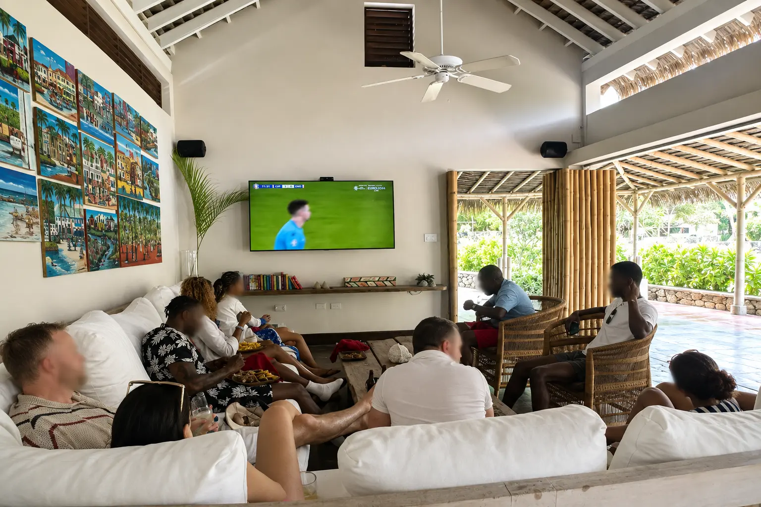 Guests relaxing in the open-air Shabeen lounge at GoldenEye Jamaica.