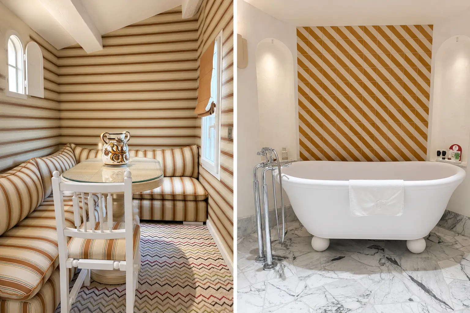 Laura Gonzalez suite interiors at Byblos Saint-Tropez with sitting area and marble bathroom