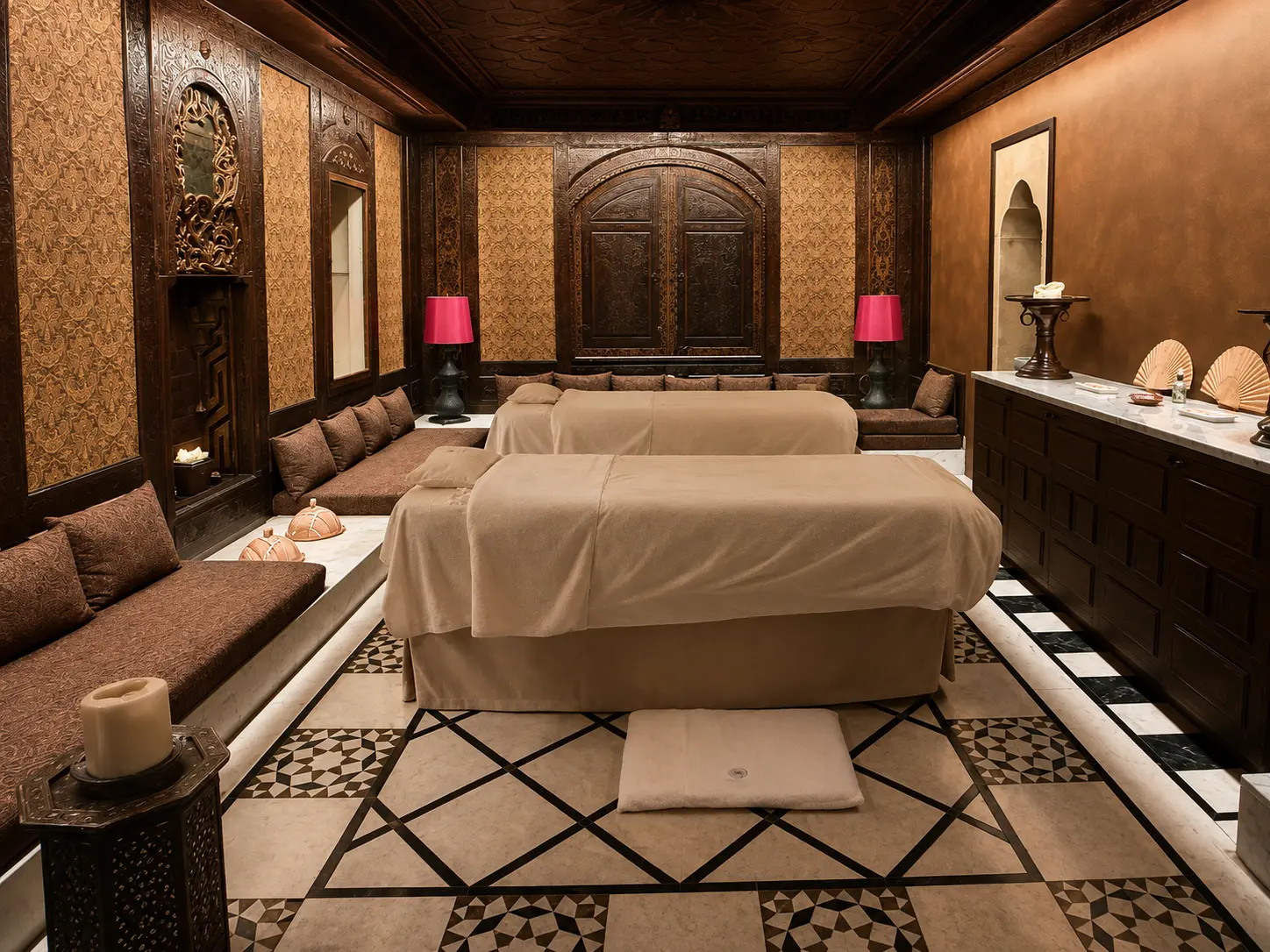 Main massage room at Byblos Saint-Tropez spa with Lebanese-inspired carved wood interiors