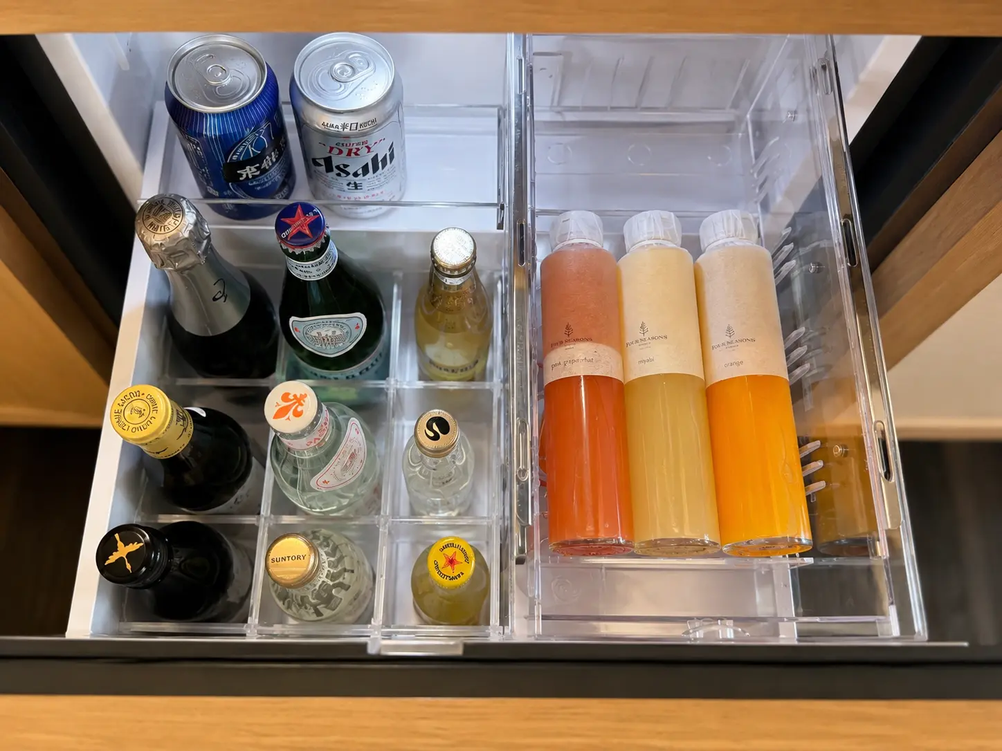 Minibar at Four Seasons Hotel Kyoto with Japanese beer, sparkling water, wine, spirits and Four Seasons bottled juices.