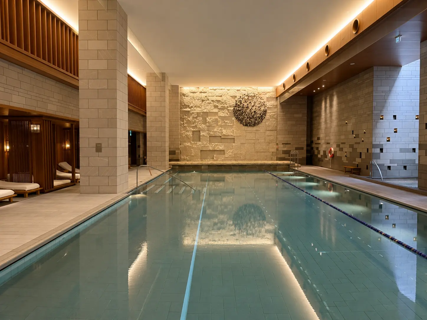 Indoor swimming pool at Four Seasons Hotel Kyoto with timber cabanas and lounge chairs.