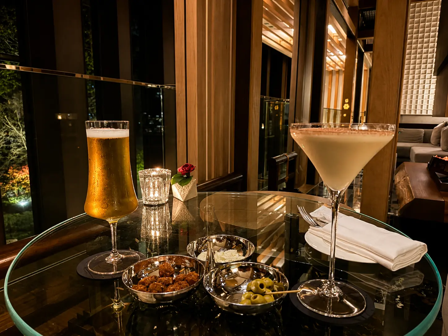 Cocktail and beer with bar snacks at SEY Bar inside Four Seasons Hotel Kyoto.