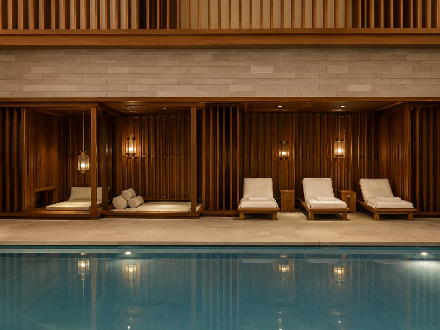 Indoor swimming pool at Four Seasons Hotel Kyoto with timber cabanas, lounge chairs and Japanese-inspired design.