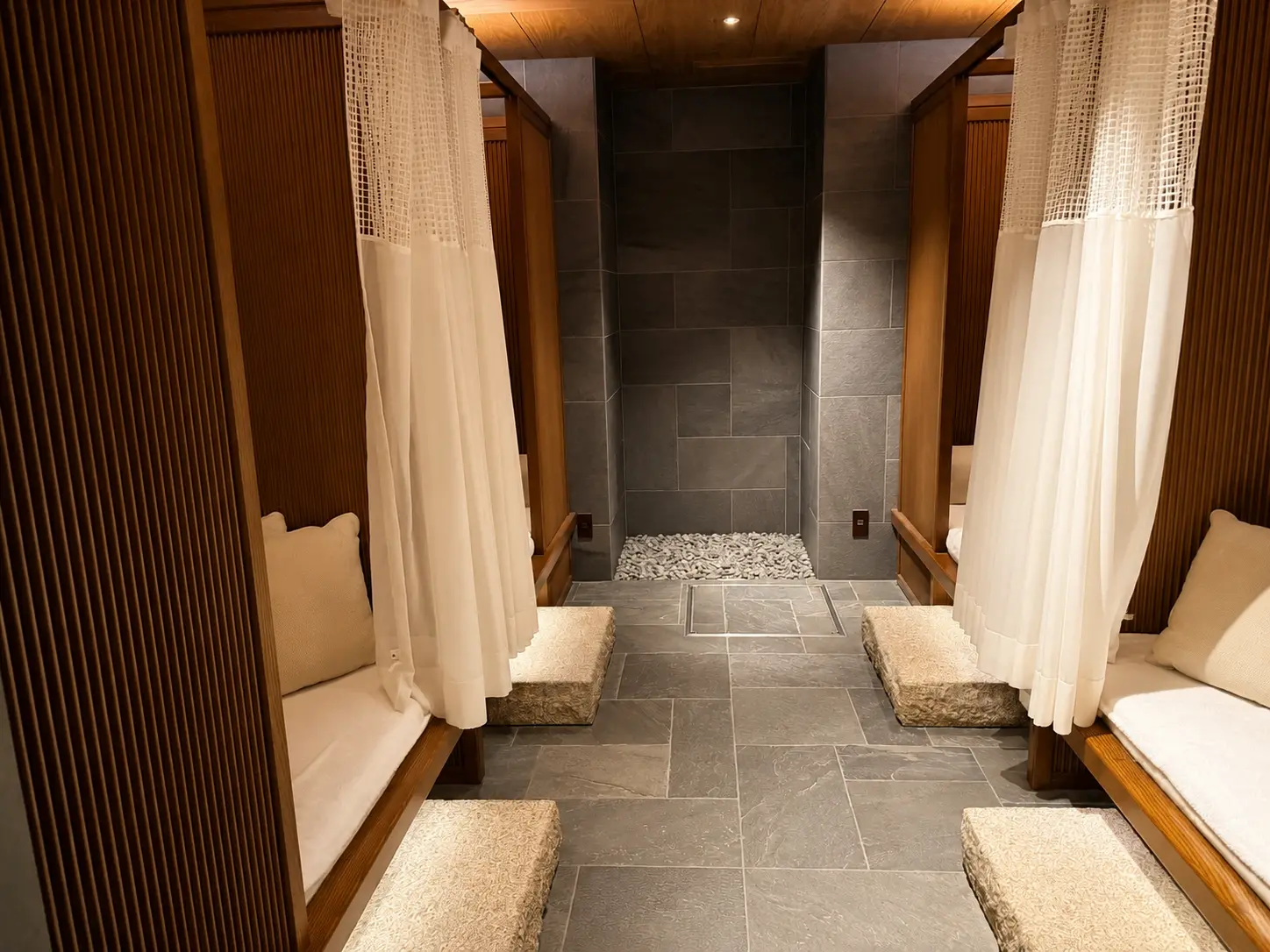 Curtained relaxation daybeds in the men's spa area at Four Seasons Hotel Kyoto.