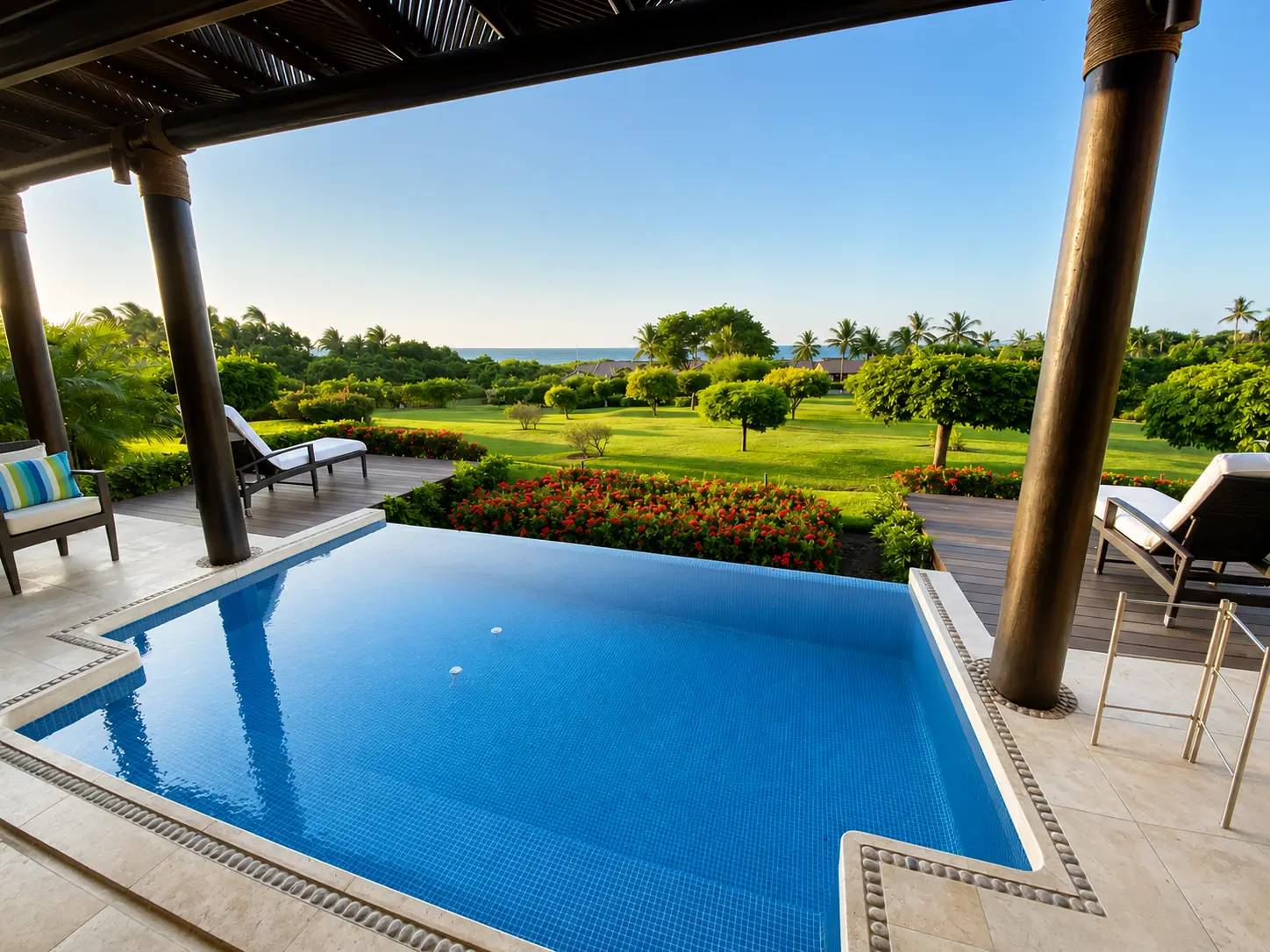 Private plunge pool with tropical gardens and ocean views at Four Seasons Resort Punta Mita, Mexico.