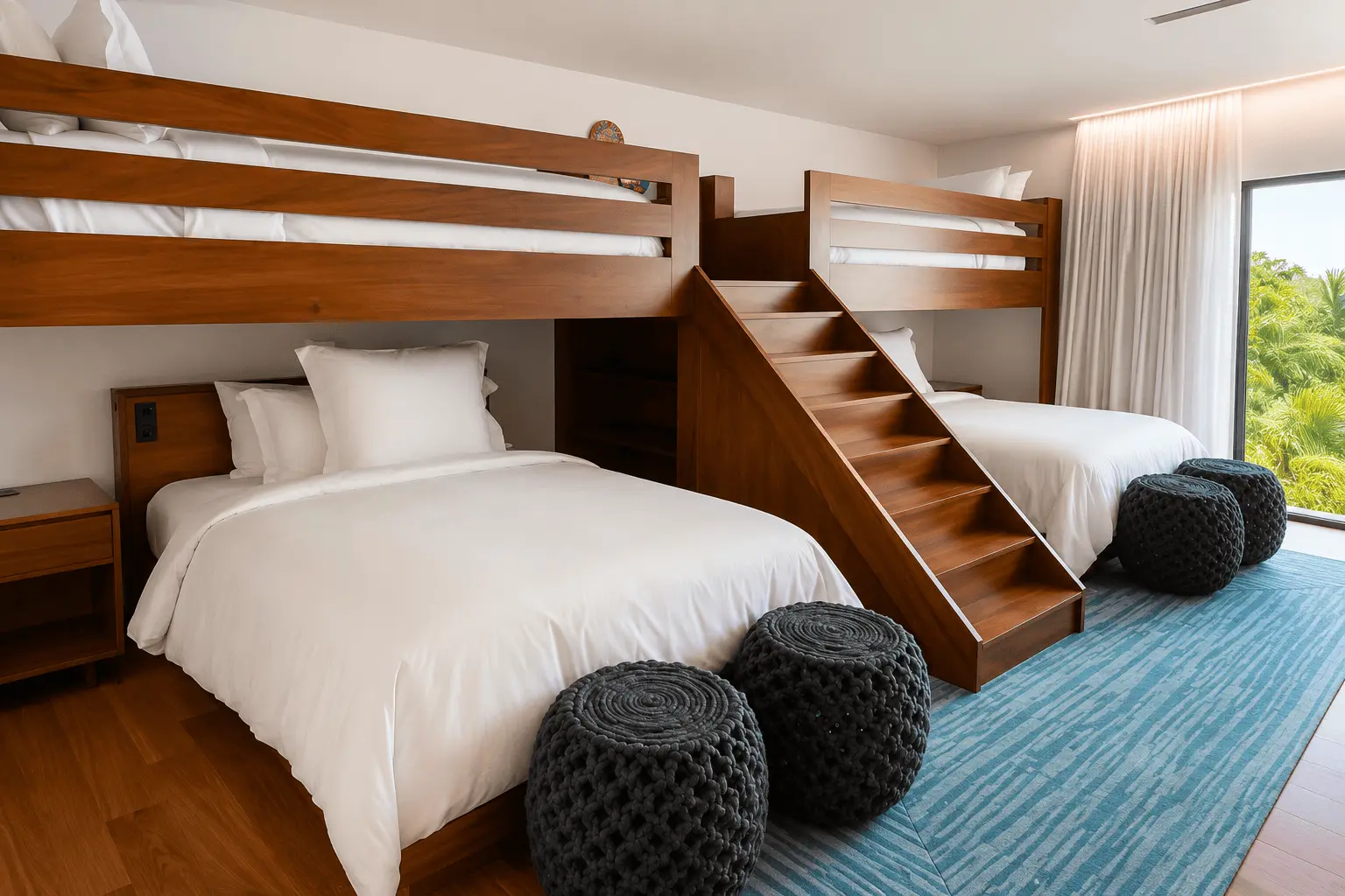 Family room with two lower beds, built-in wooden bunk beds and a central staircase at Four Seasons Resort Peninsula Papagayo, Costa Rica.