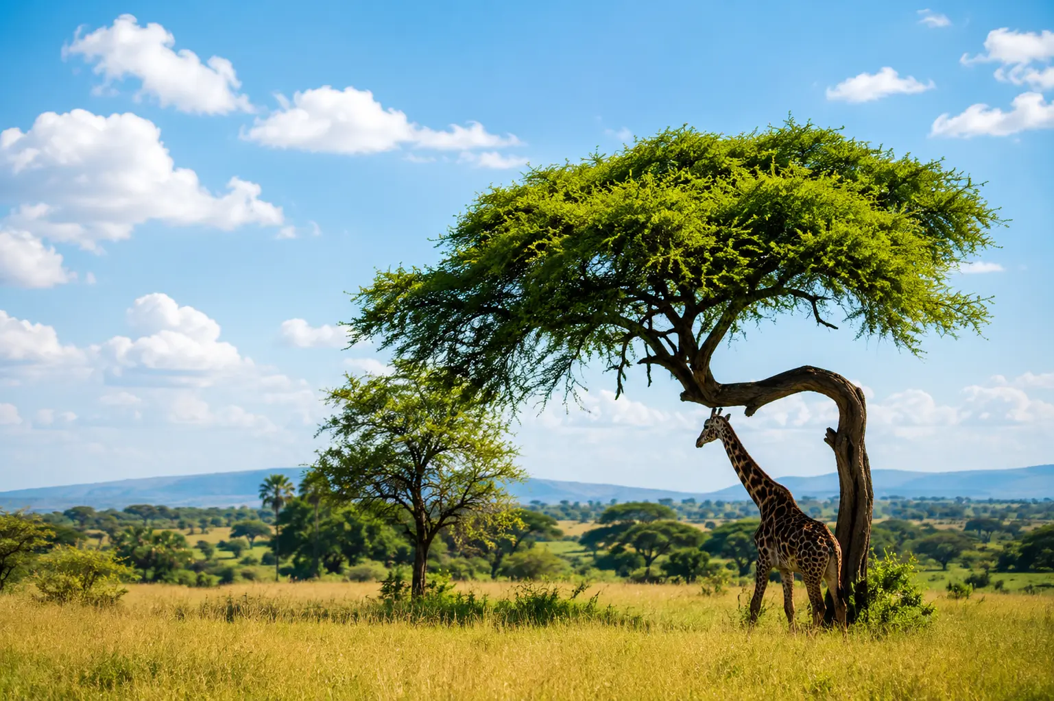 A giraffe standing beneath an acacia tree on the African savanna during a luxury safari.