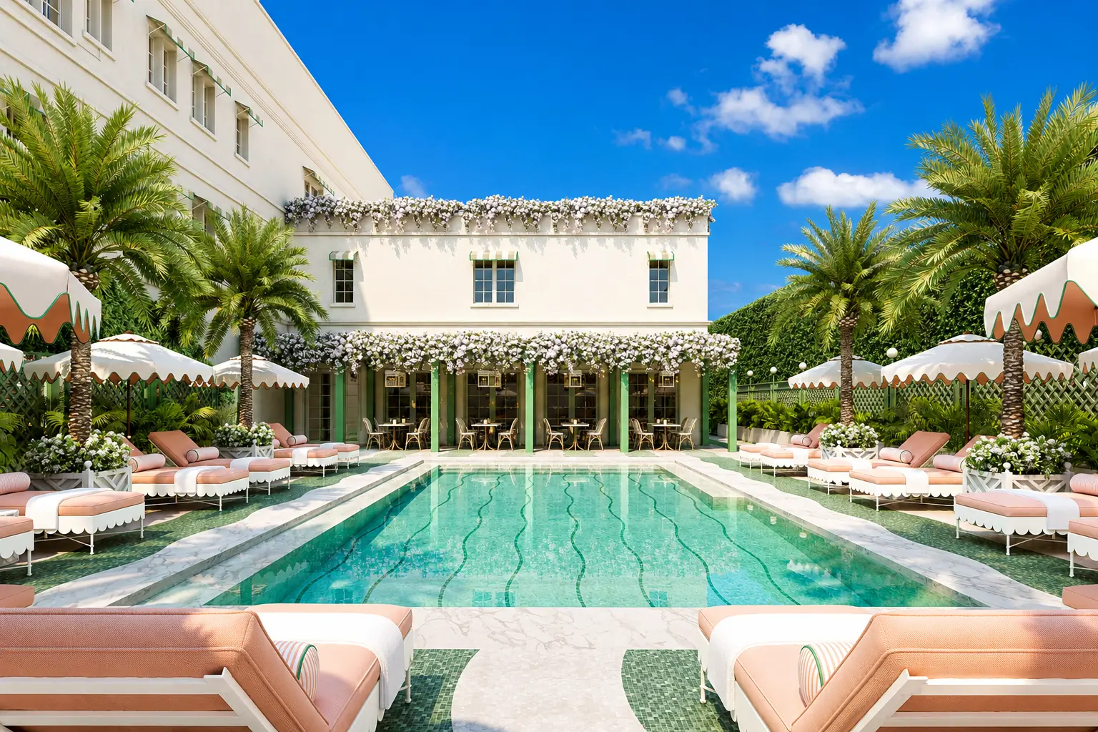 Swimming pool and landscaped courtyard at The Vineta Hotel, Oetker Collection in Palm Beach, Florida.