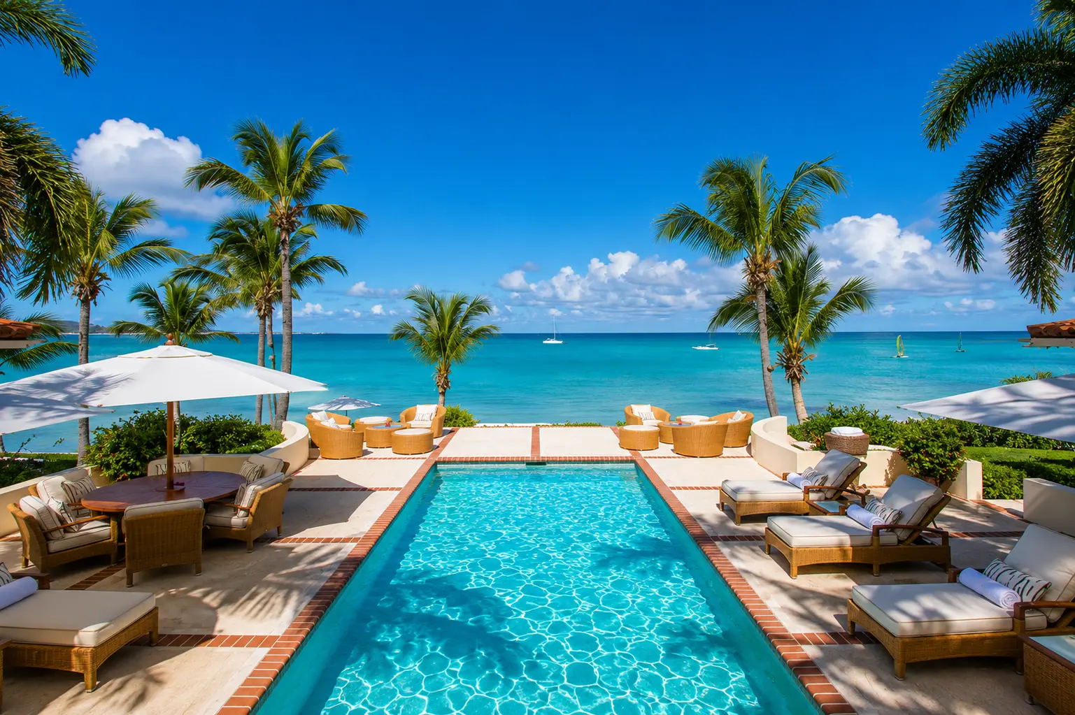 Oceanfront swimming pool at Jumby Bay Island, Oetker Collection in Antigua, overlooking the Caribbean Sea.