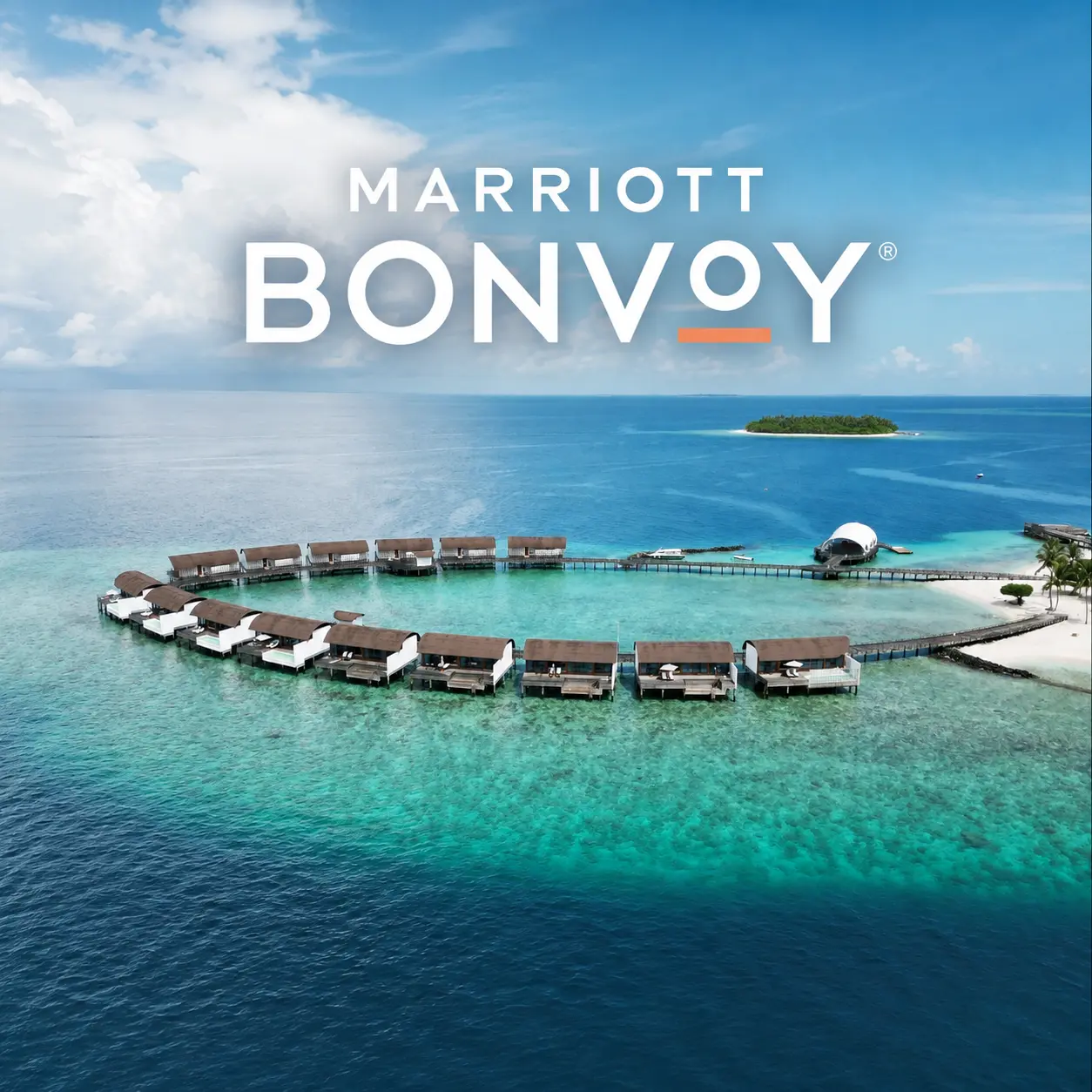 Marriott Bonvoy logo over a Maldives resort, highlighting Bonvoy benefits with Marriott Luminous bookings