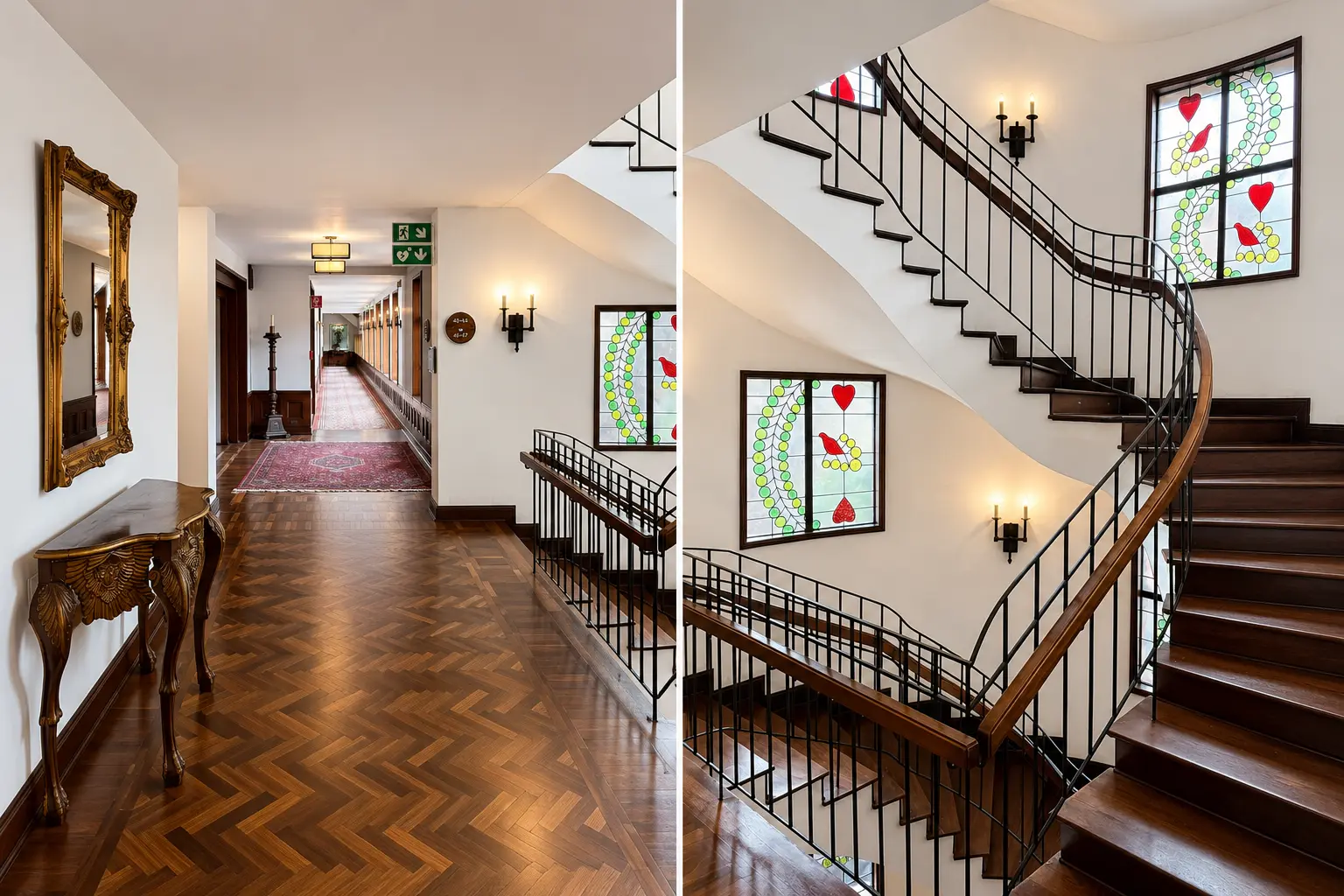 Hallway and staircase at Four Seasons Hotel Casa Medina Bogotá with parquet floors, stained-glass windows and dark wood details.