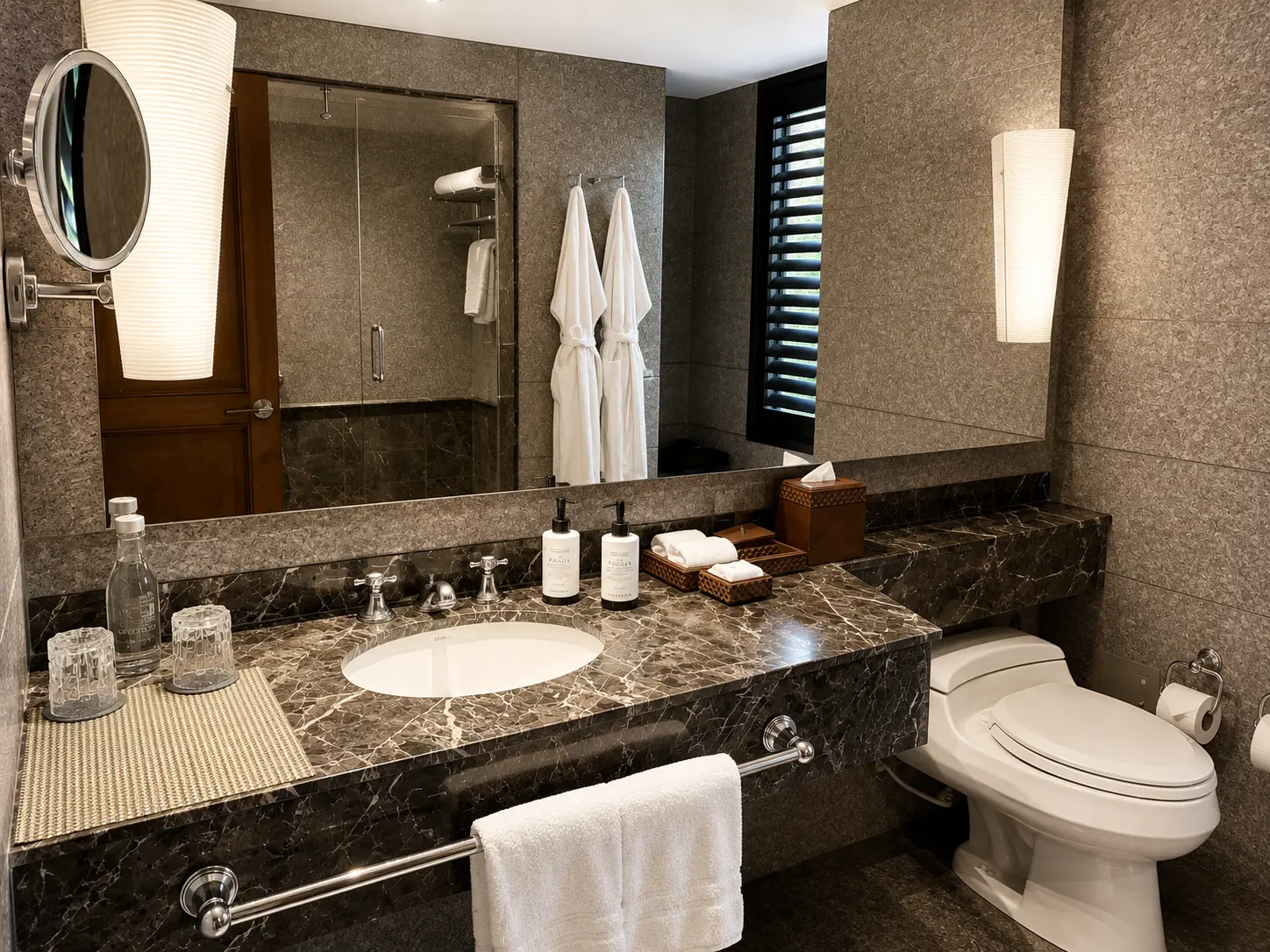 Marble bathroom in an Executive Suite With Fireplace at Four Seasons Hotel Casa Medina Bogotá with vanity and walk-in shower. 