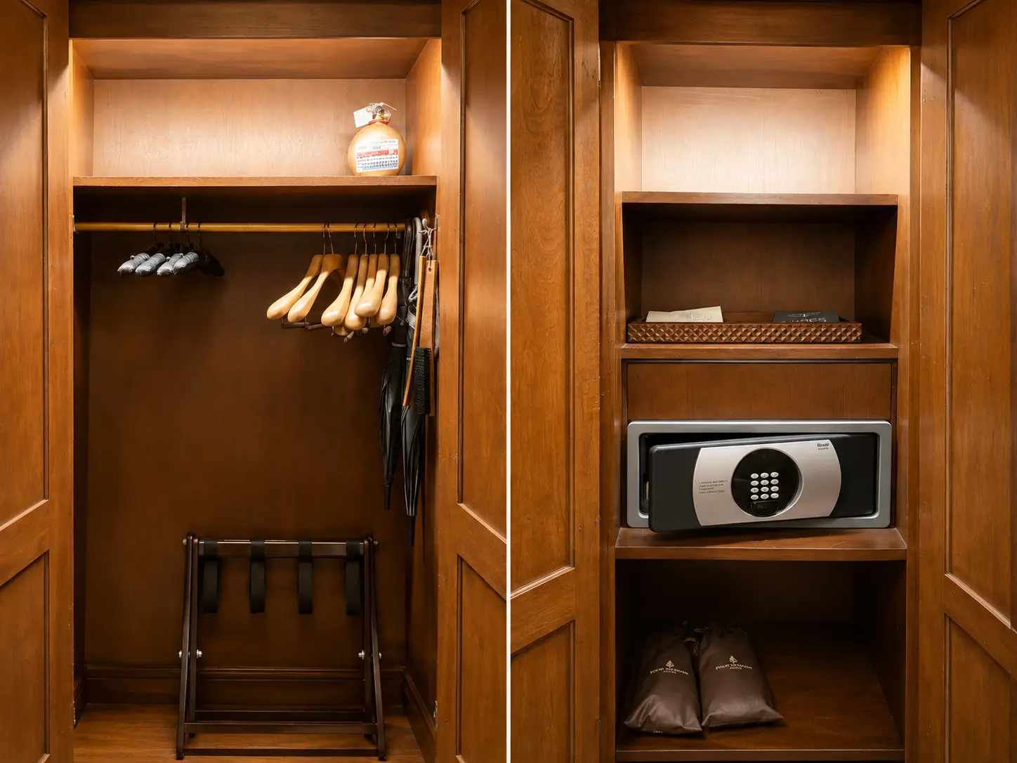 Closet, luggage rack, safe and slippers] Alt text: Closet in an Executive Suite With Fireplace at Four Seasons Hotel Casa Medina Bogotá with wooden hangers, luggage rack, safe and slippers.
