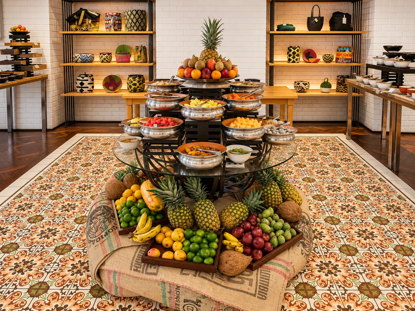 Breakfast buffet at Four Seasons Hotel Casa Medina Bogotá with tropical fruit, pastries and hot dishes. 