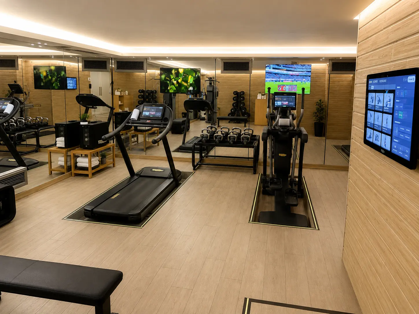 Gym at Four Seasons Hotel Casa Medina Bogotá with Technogym cardio equipment, kettlebells, dumbbells and mirrored walls.