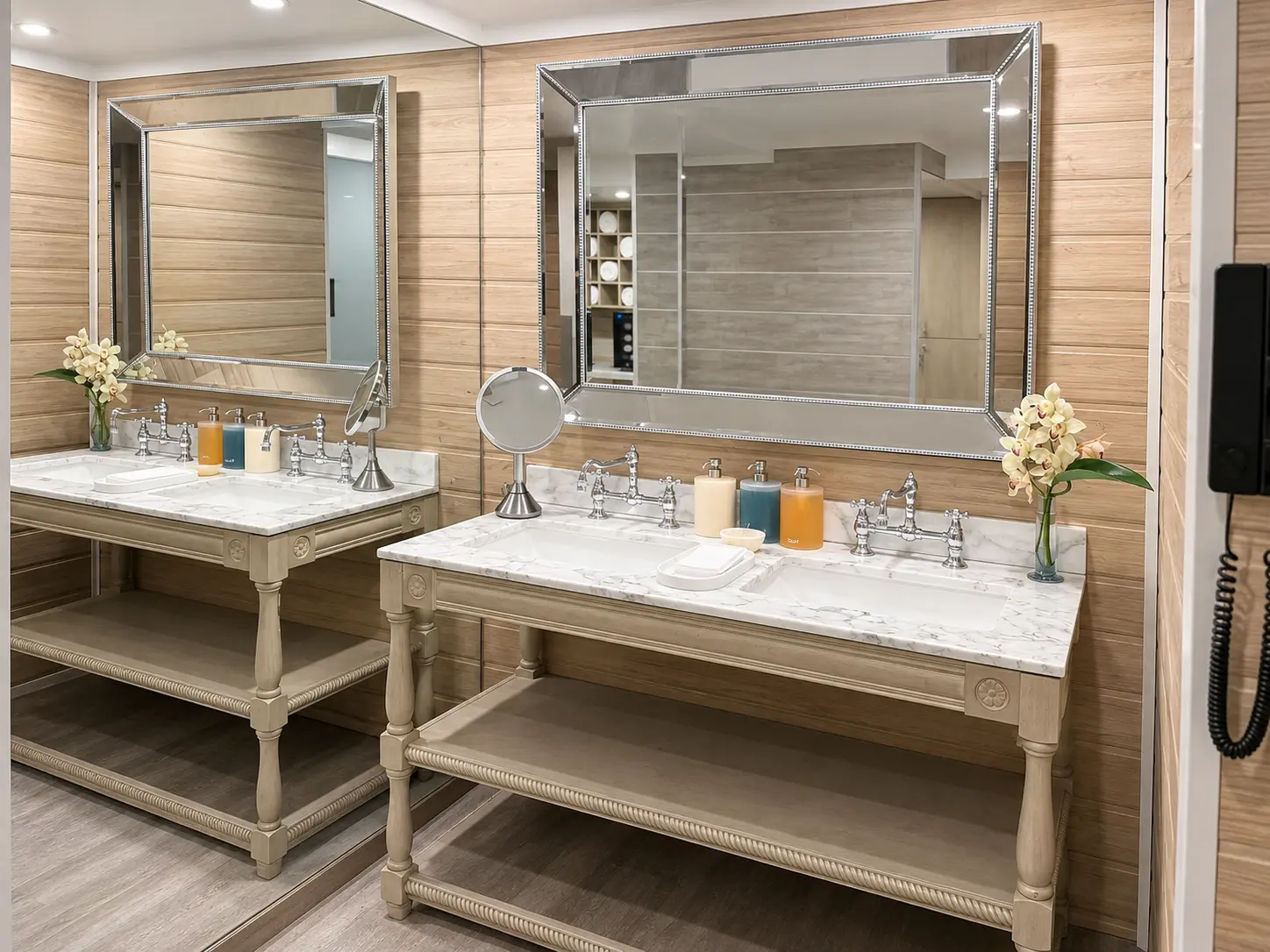 Men's changing room at the spa at Four Seasons Hotel Casa Medina Bogotá with marble vanity, double sinks and large mirrors.