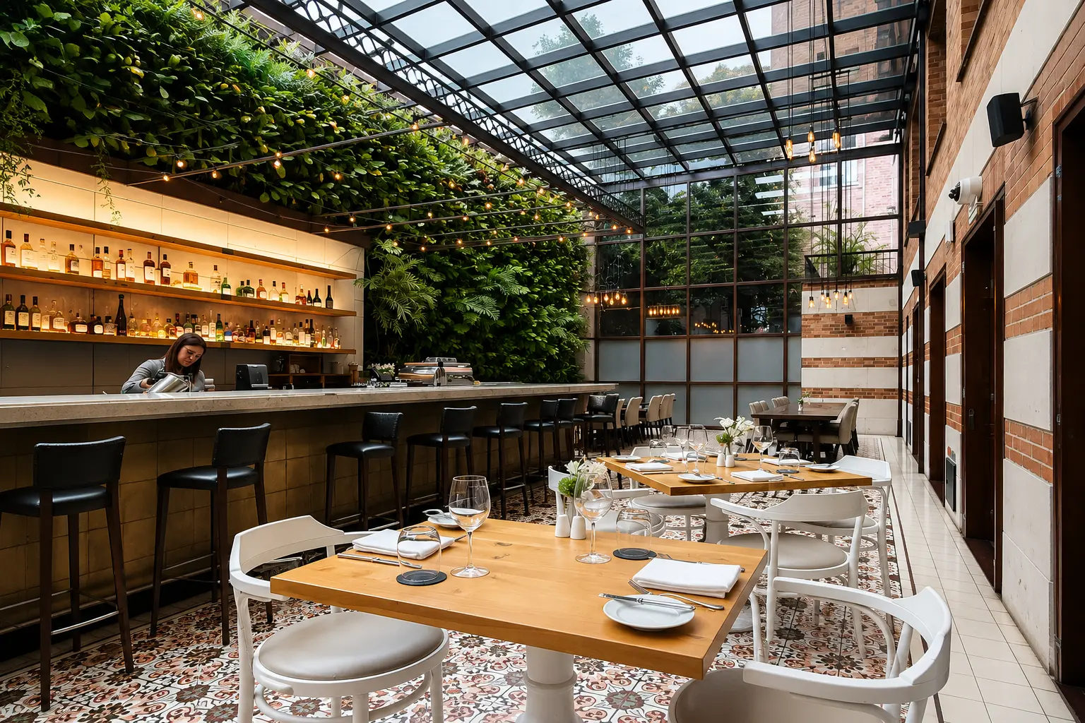 Castanyoles restaurant at Four Seasons Hotel Casa Medina Bogotá with glass roof, greenery, bar seating and patterned tile floors. 